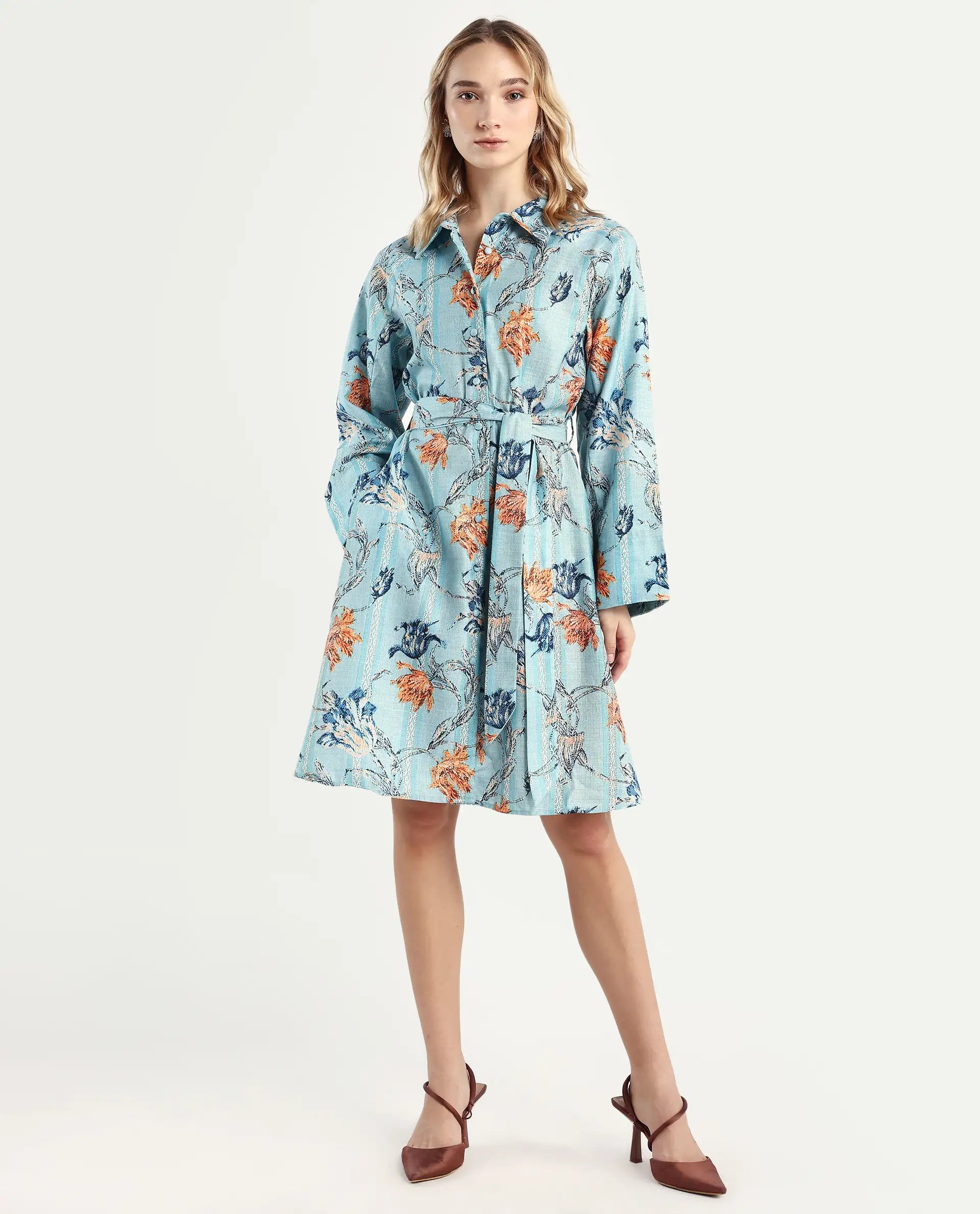 Rareism Women's Riveria Dusky Blue Polyester Spread Collar Floral Print Raglan Sleeve Knee Length A-Line Dress