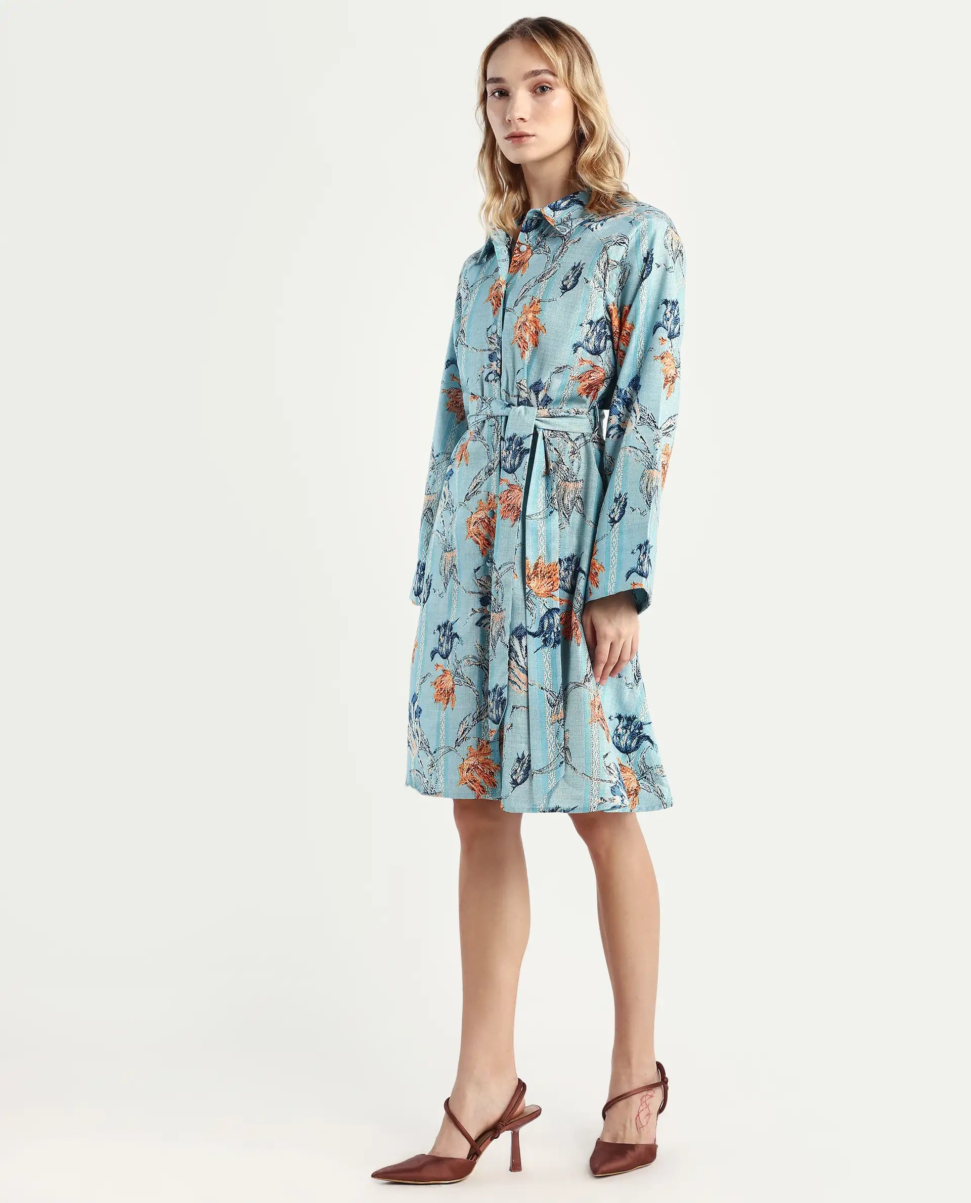 Rareism Women's Riveria Dusky Blue Polyester Spread Collar Floral Print Raglan Sleeve Knee Length A-Line Dress