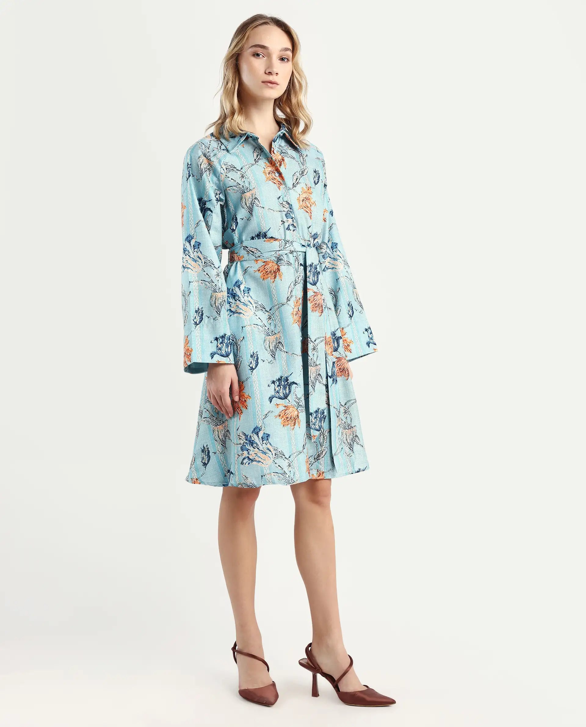 Rareism Women's Riveria Dusky Blue Polyester Spread Collar Floral Print Raglan Sleeve Knee Length A-Line Dress