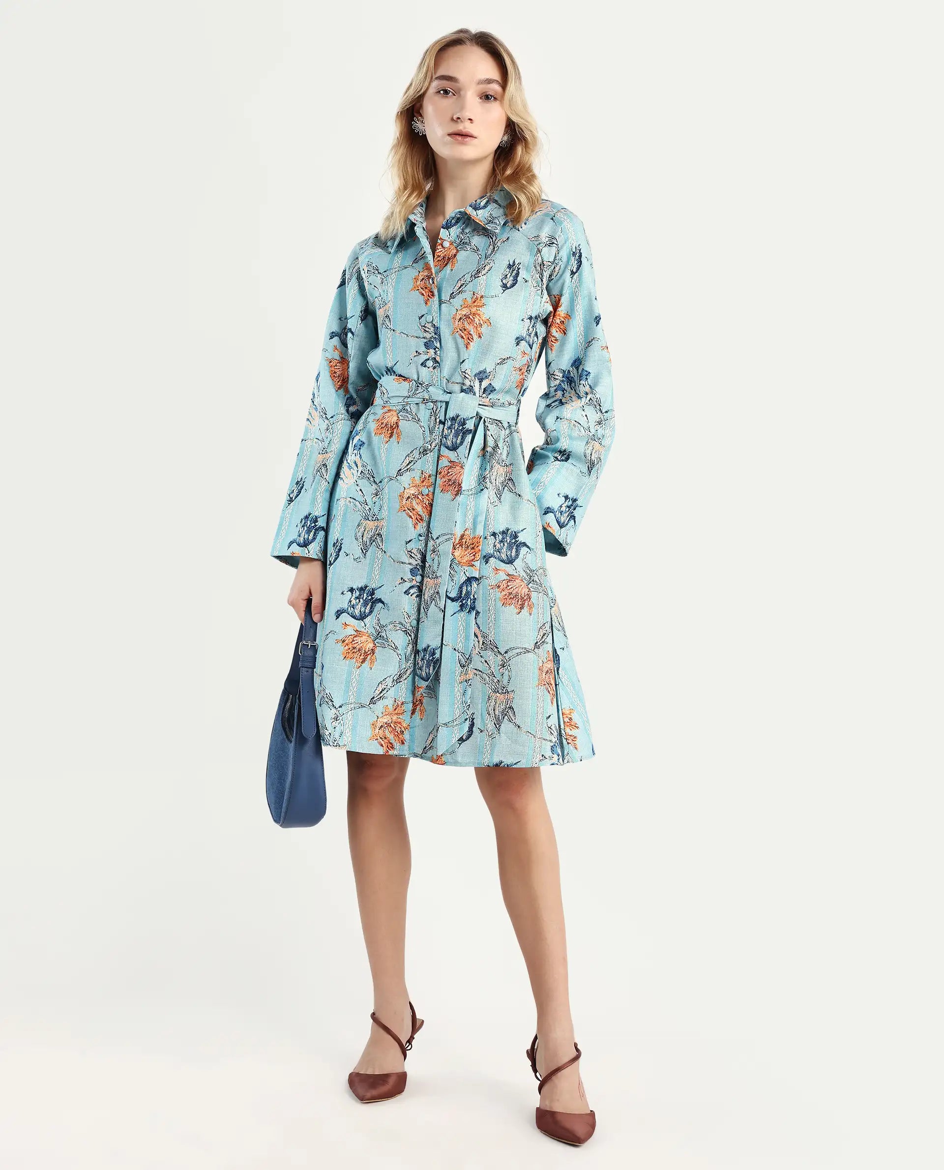 Rareism Women's Riveria Dusky Blue Polyester Spread Collar Floral Print Raglan Sleeve Knee Length A-Line Dress