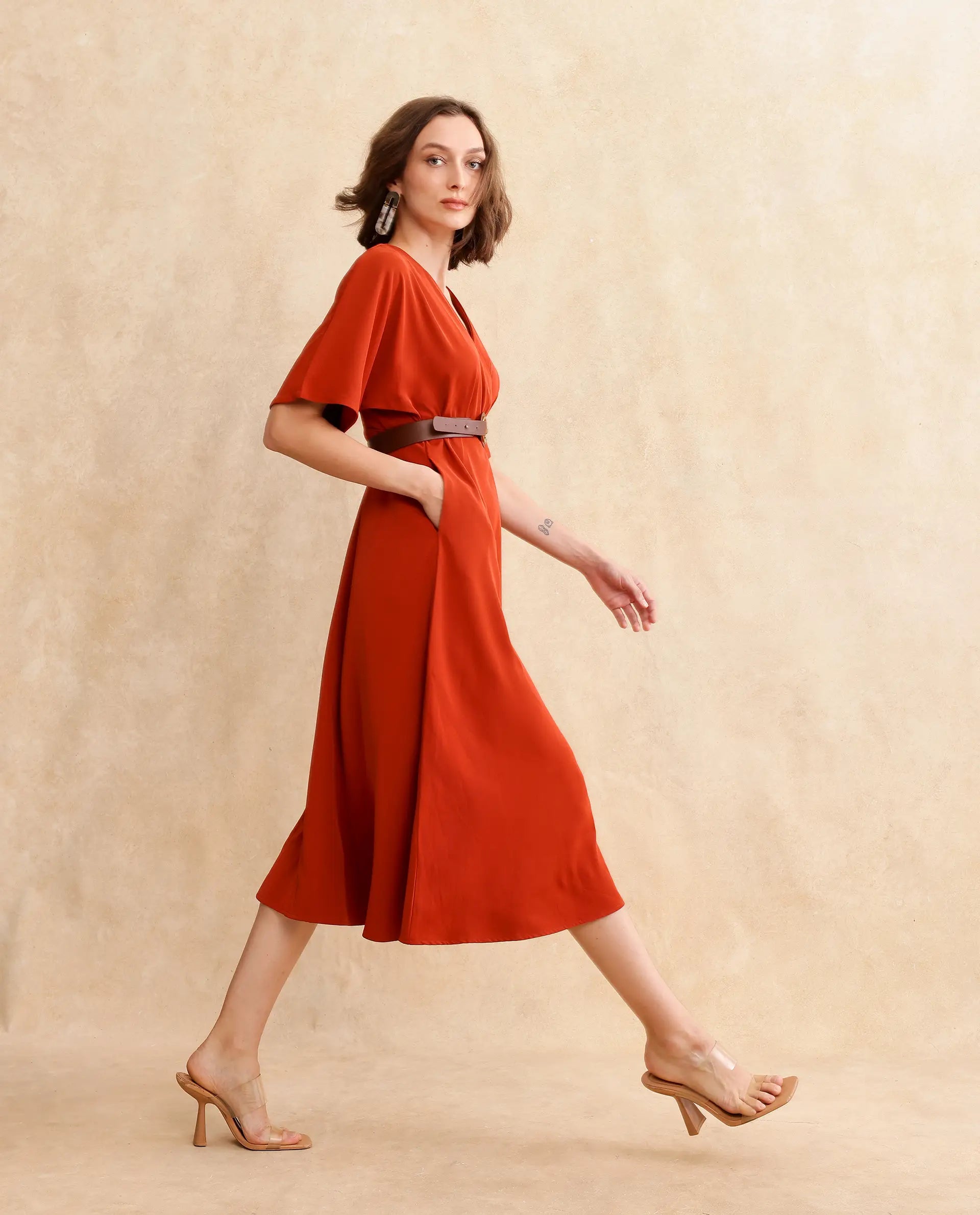 Rareism Women's Rivez Rust Cotton Overlap Neck Plain Extended Sleeves Midi Flared Dress