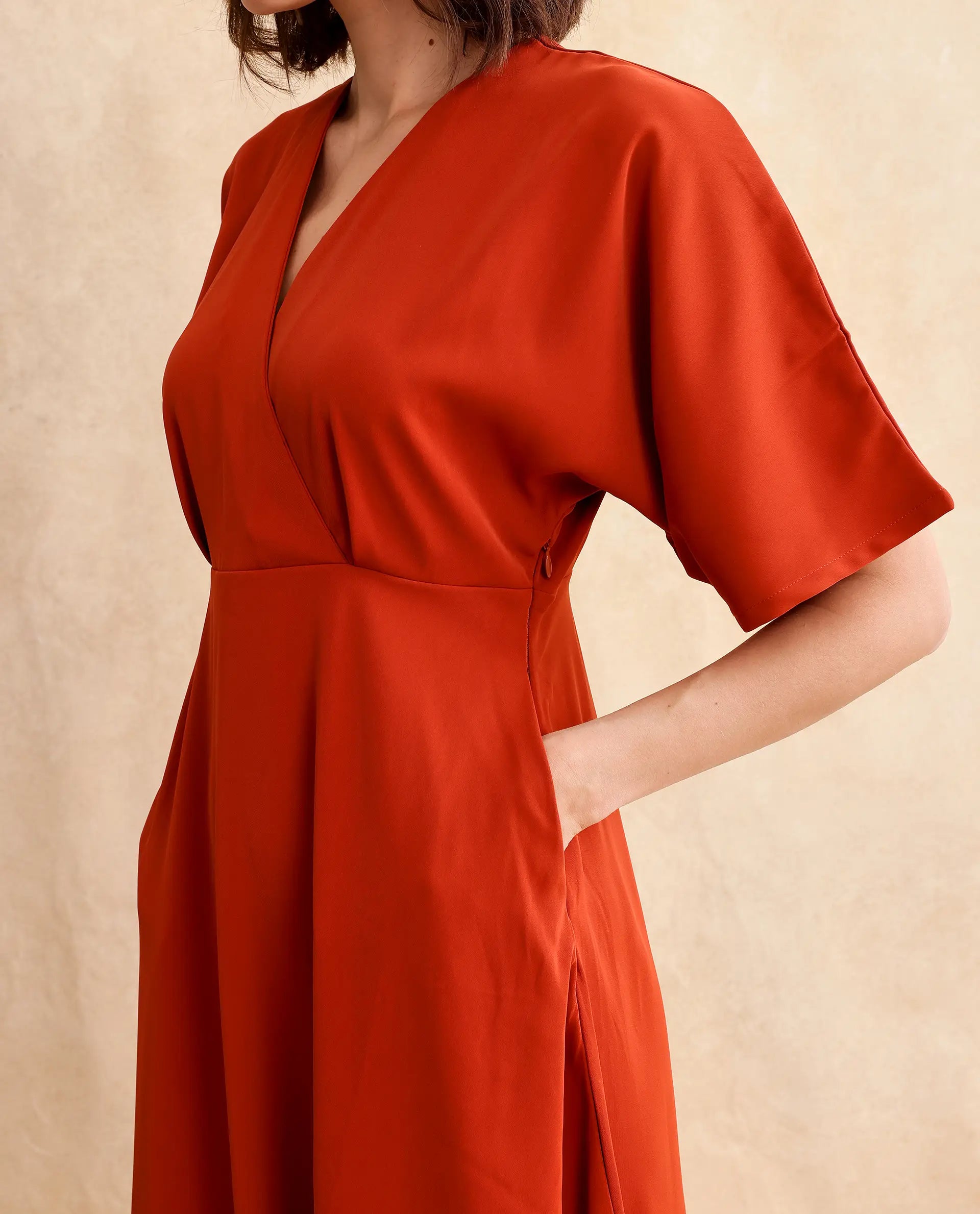 Rareism Women's Rivez Rust Cotton Overlap Neck Plain Extended Sleeves Midi Flared Dress