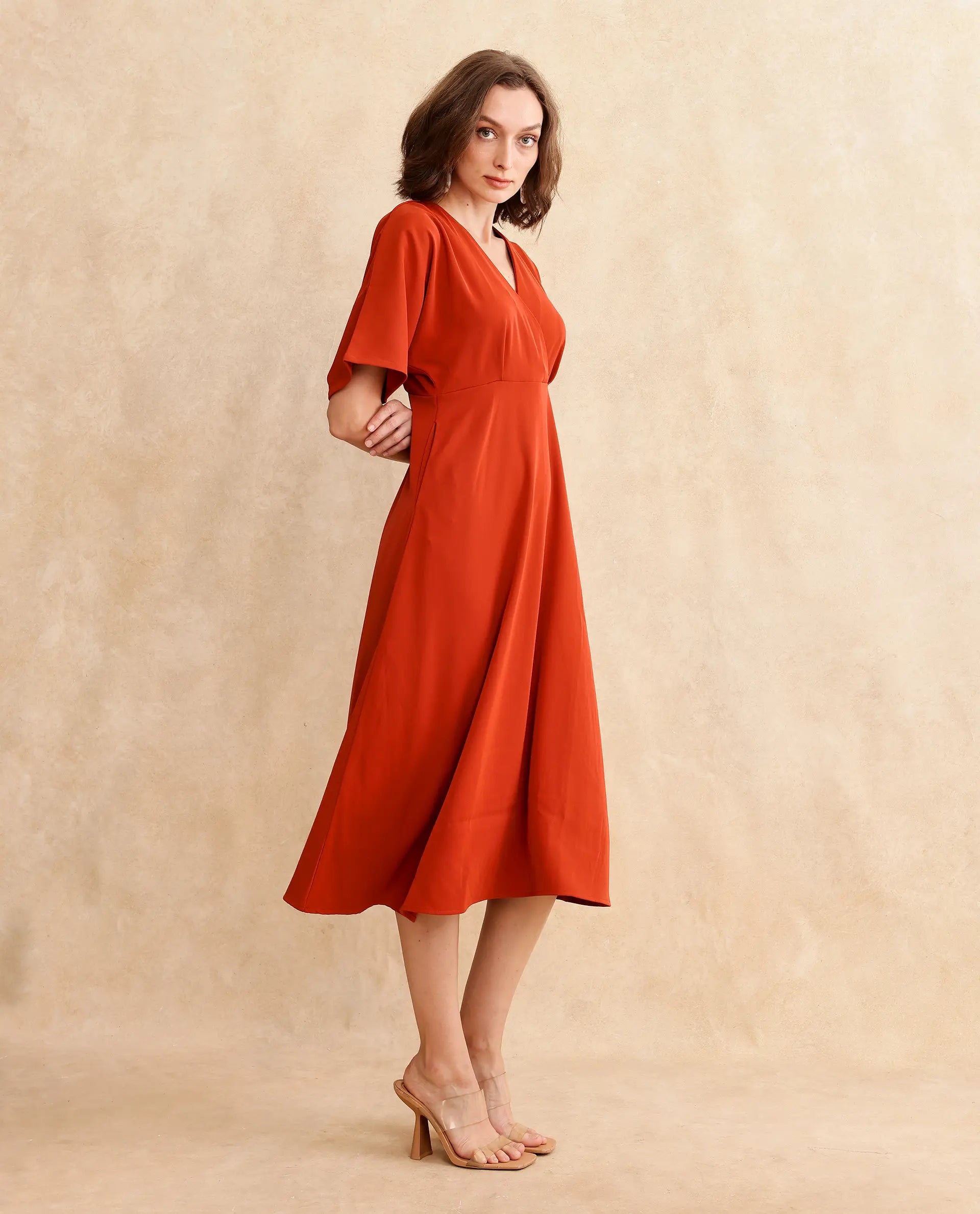 Rareism Women's Rivez Rust Cotton Overlap Neck Plain Extended Sleeves Midi Flared Dress