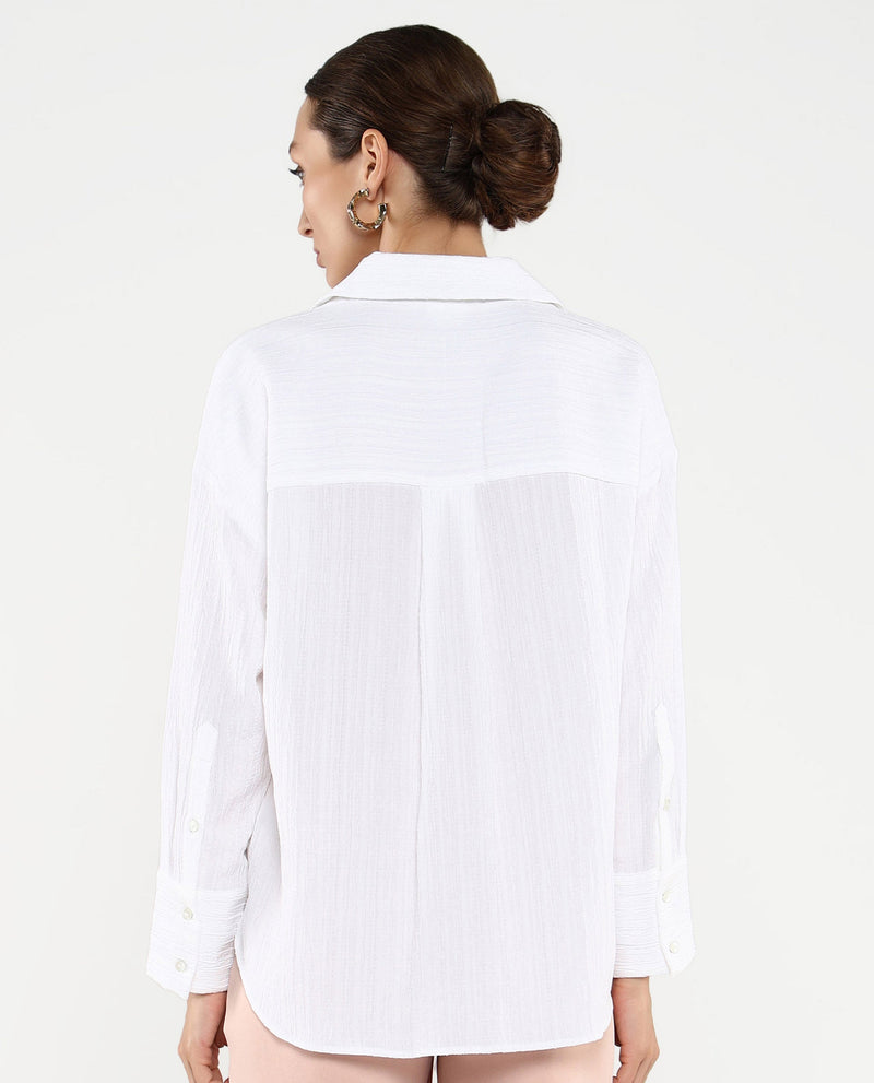 Rareism Women Roag White Cuffed Sleeves Collared Neck Plain Shirt