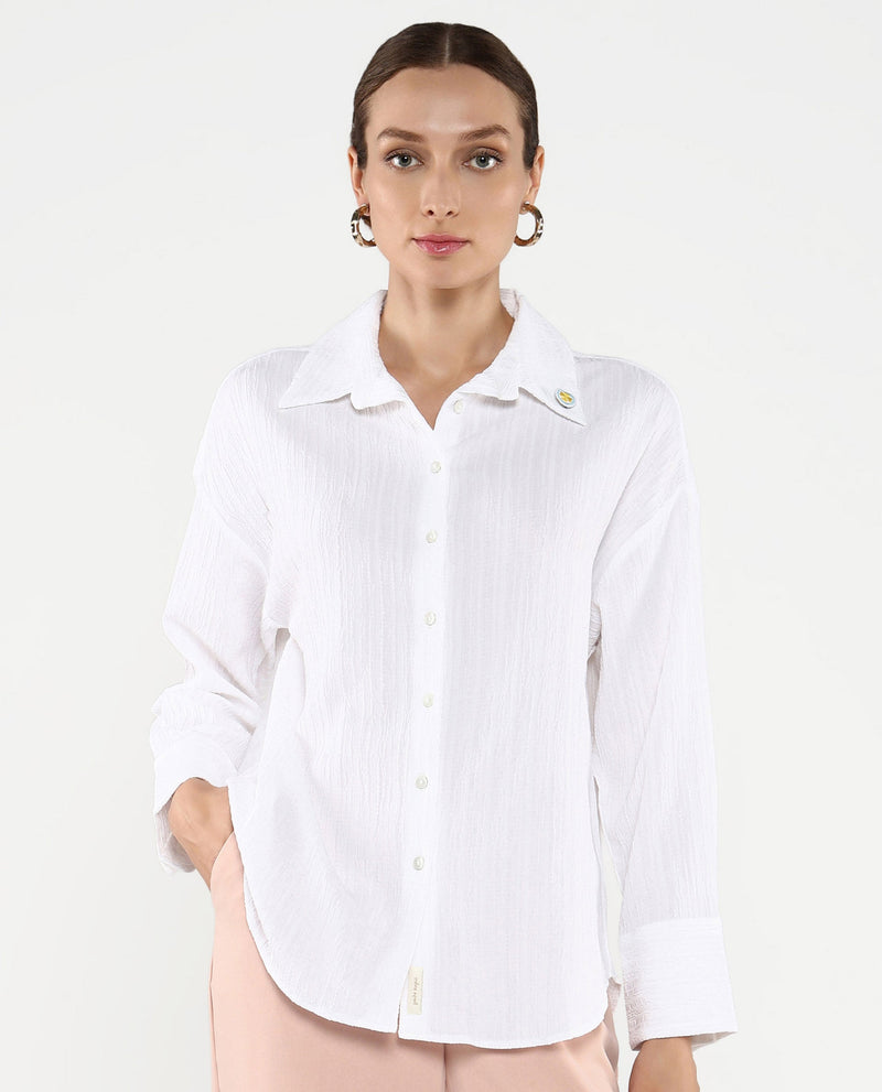 Rareism Women Roag White Cuffed Sleeves Collared Neck Plain Shirt