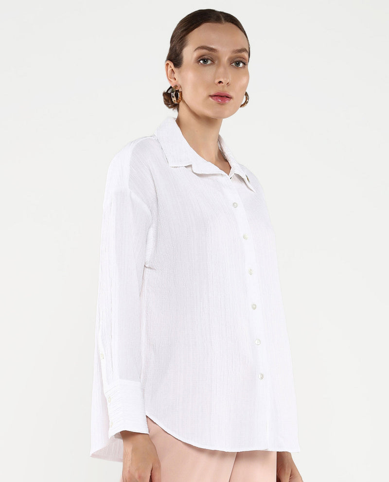 Rareism Women Roag White Cuffed Sleeves Collared Neck Plain Shirt