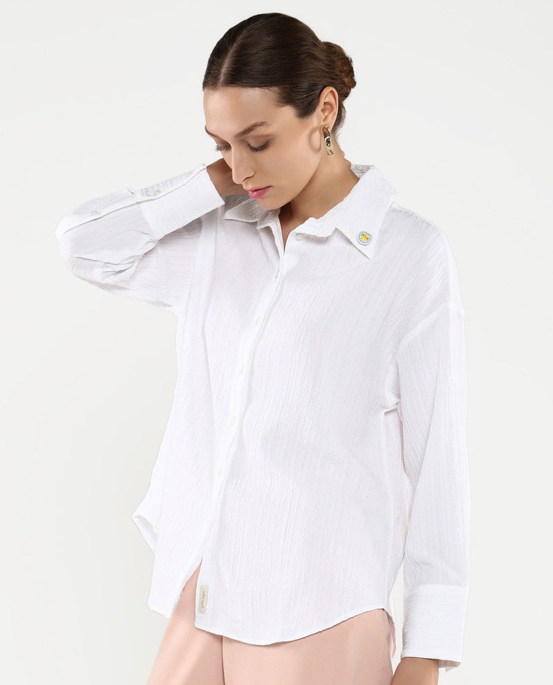 Rareism Women Roag White Cuffed Sleeves Collared Neck Plain Shirt