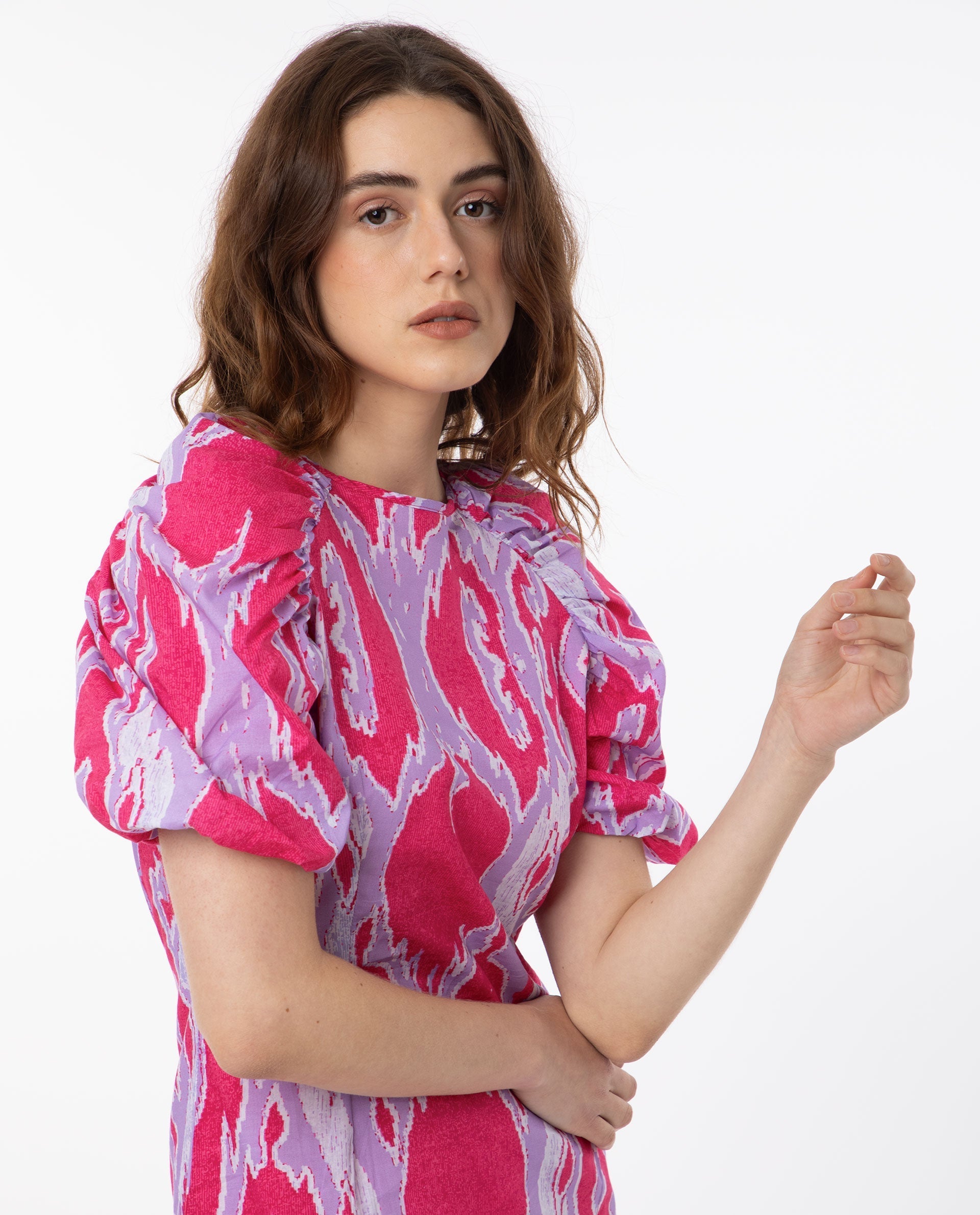 Rareism Women's Roan Pink Cotton Fabric Crew Neck Zipper Closure Puff Sleeve Abstract  Mini Dress