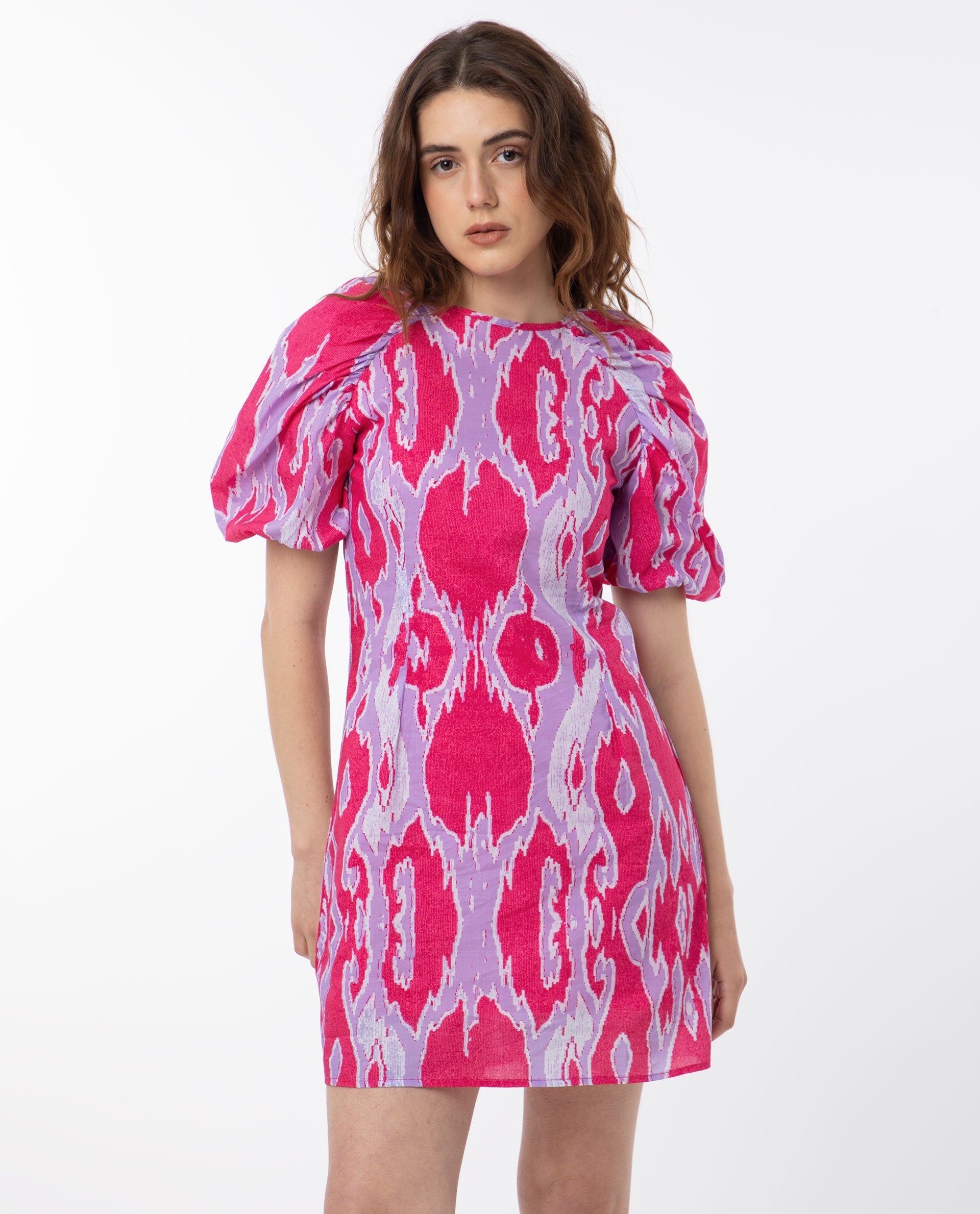 Rareism Women's Roan Pink Cotton Fabric Crew Neck Zipper Closure Puff Sleeve Abstract  Mini Dress