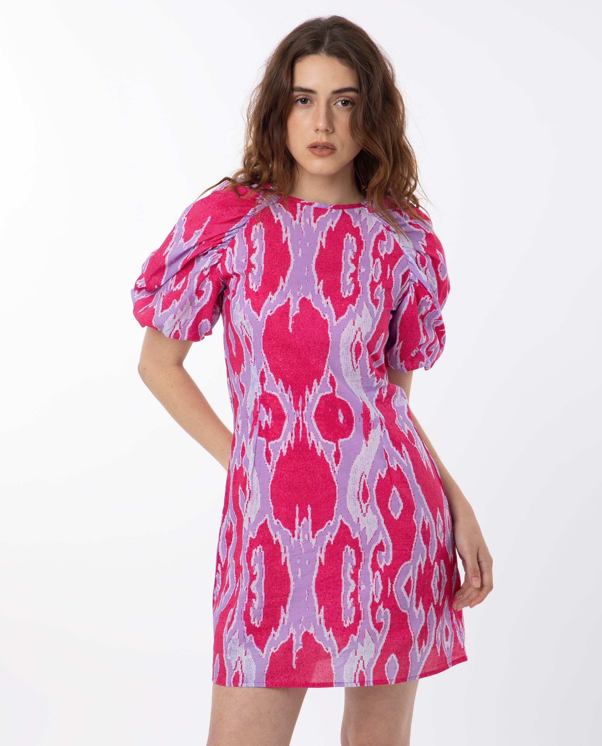 Rareism Women's Roan Pink Cotton Fabric Crew Neck Zipper Closure Puff Sleeve Abstract  Mini Dress