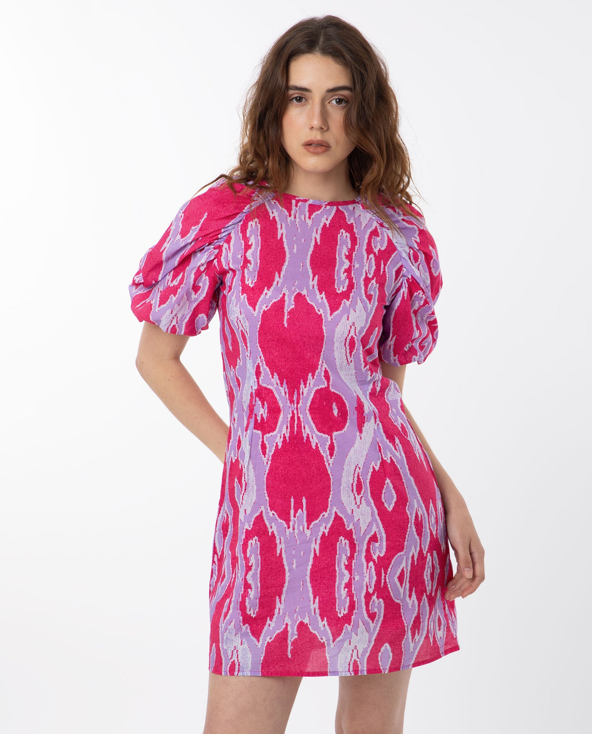 Rareism Women's Roan Pink Cotton Fabric Crew Neck Zipper Closure Puff Sleeve Abstract  Mini Dress