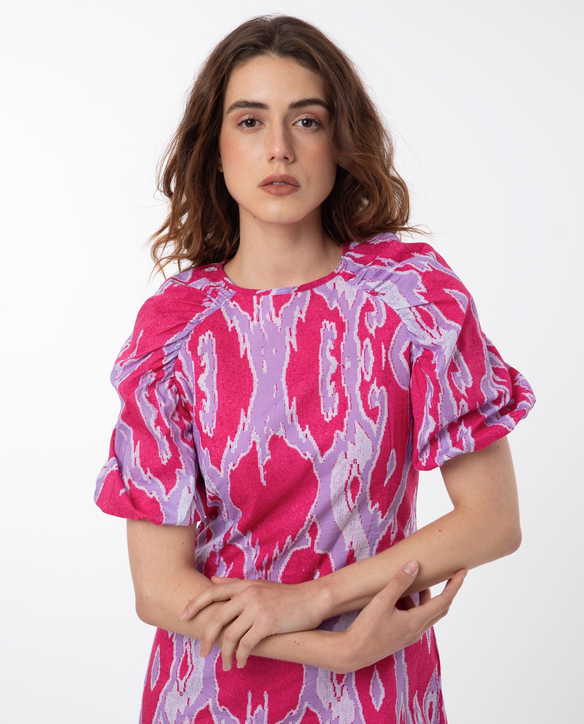 Rareism Women's Roan Pink Cotton Fabric Crew Neck Zipper Closure Puff Sleeve Abstract  Mini Dress