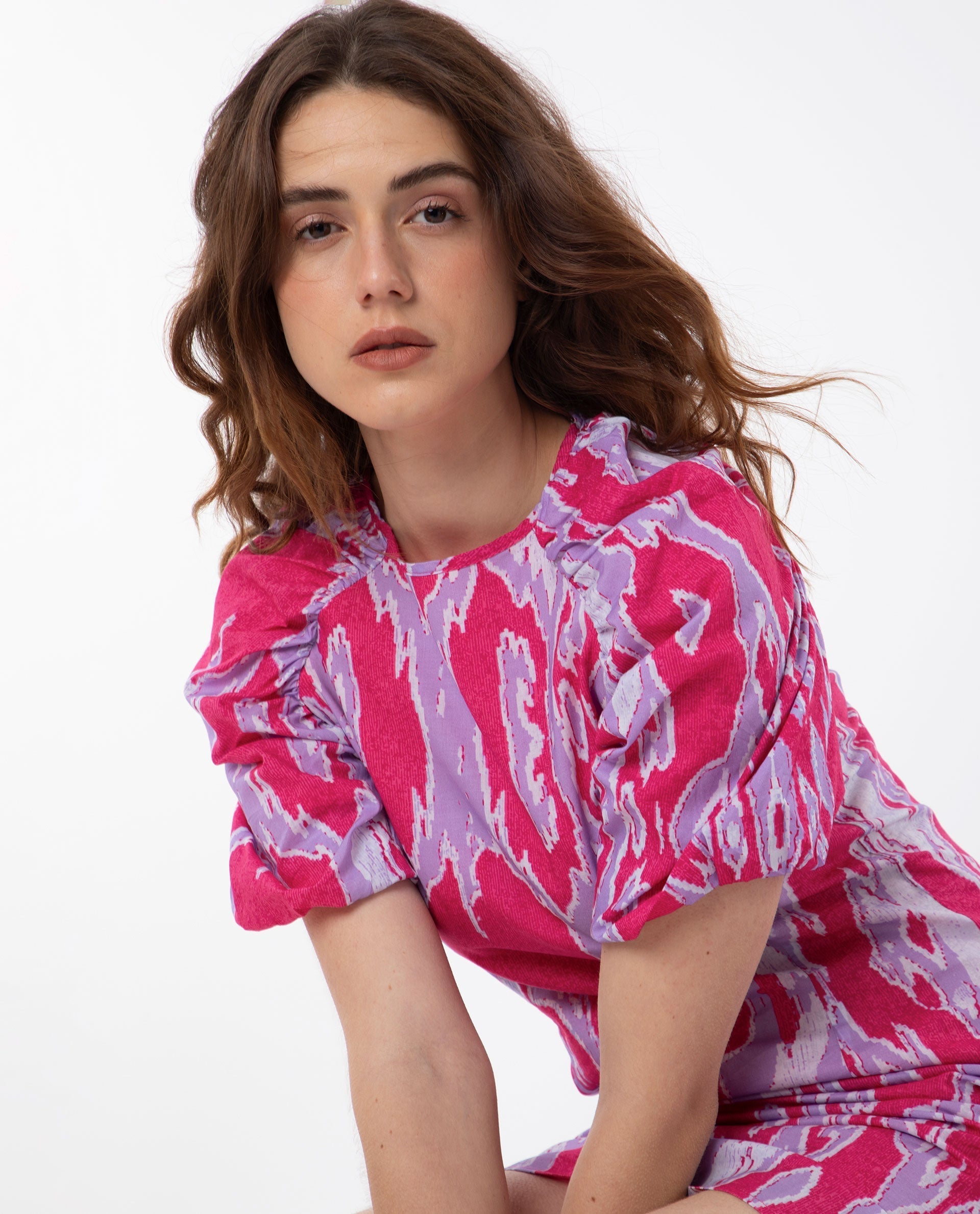 Rareism Women's Roan Pink Cotton Crew Neck Abstract Print Puff Sleeves Mini Regular Fit Dress