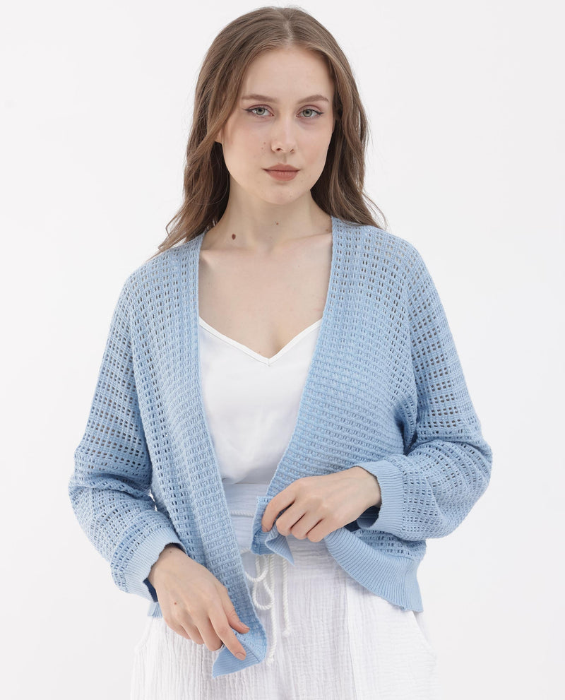 Rareism Women Roba Light Blue Cotton Fabric Full Sleeves Relaxed Fit Plain Shrug