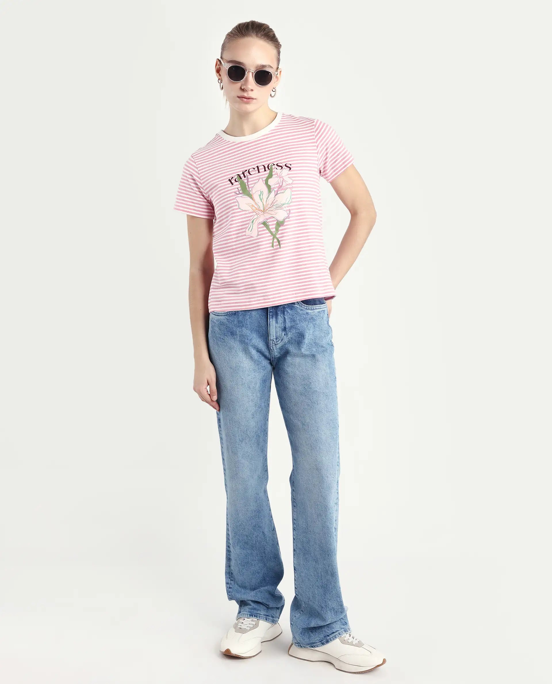 Rareism Women's Robbin Light Pink Cotton Blend Crew Neck Graphic Print Regular Fit T-Shirt