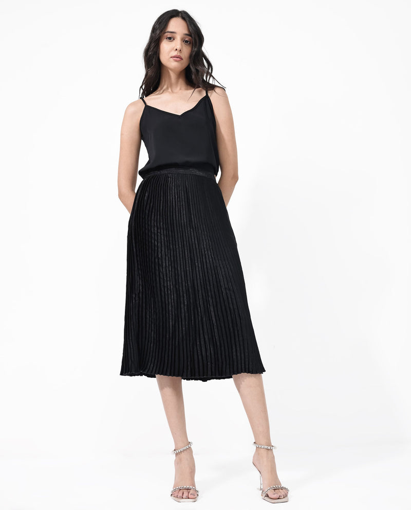 Rareism Women Rochrille Black Polyester Fabric Solid Ankle Length Skirt