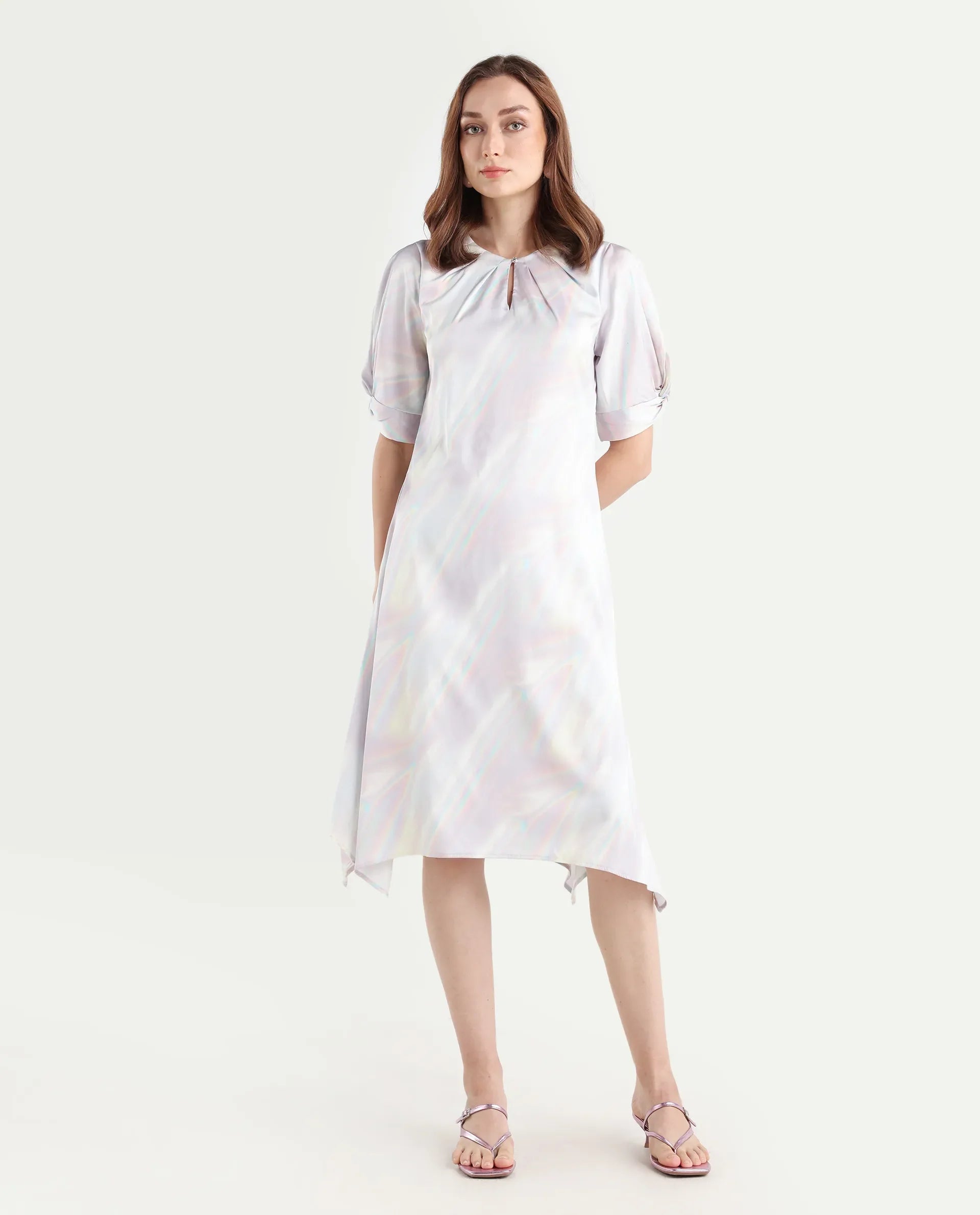 Rareism Women's Rogaz Light Multi Polyester Crew Neck Floral Print Balloon Sleeve Midi Asymmetric Dress