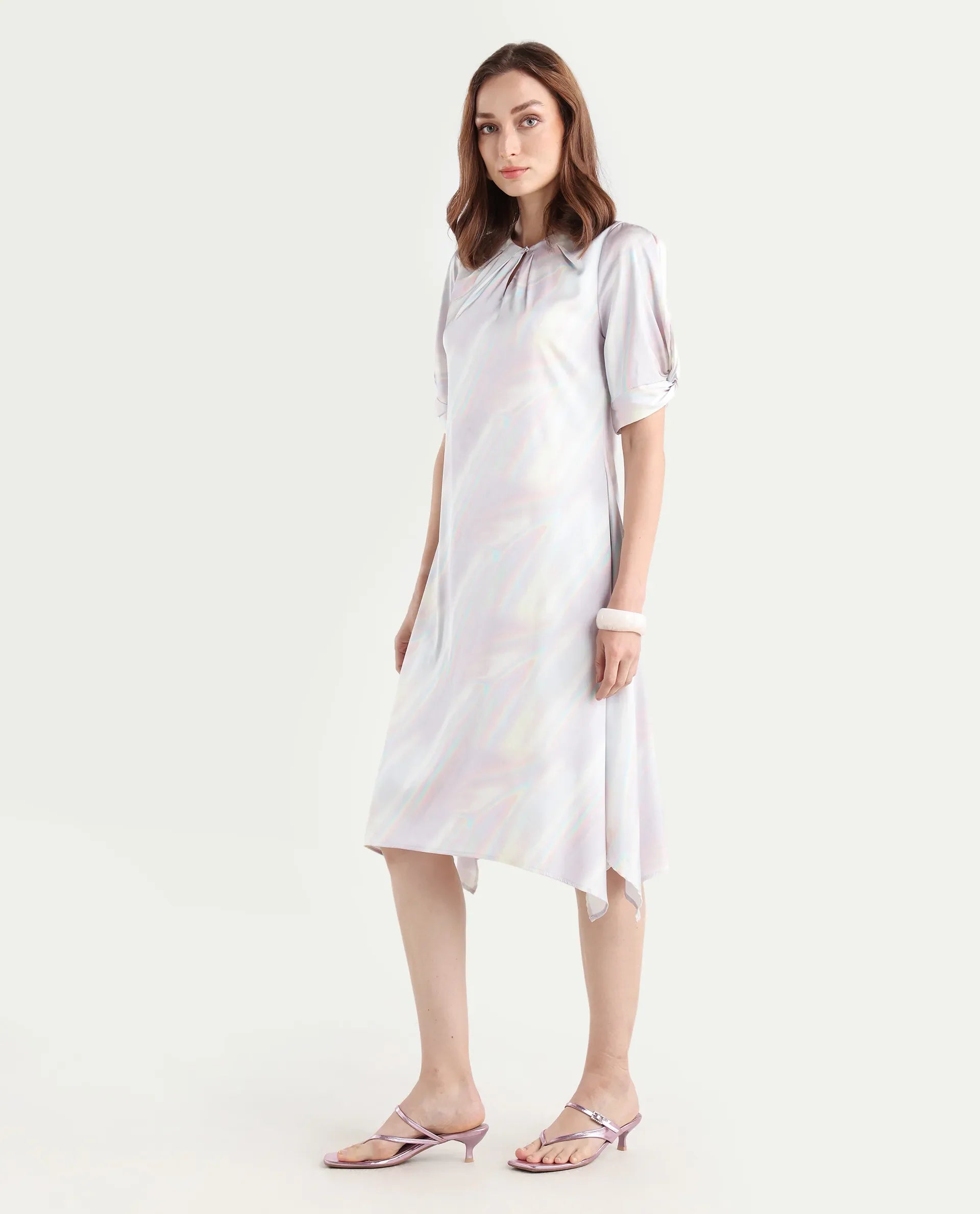 Rareism Women's Rogaz Light Multi Polyester Crew Neck Floral Print Balloon Sleeve Midi Asymmetric Dress