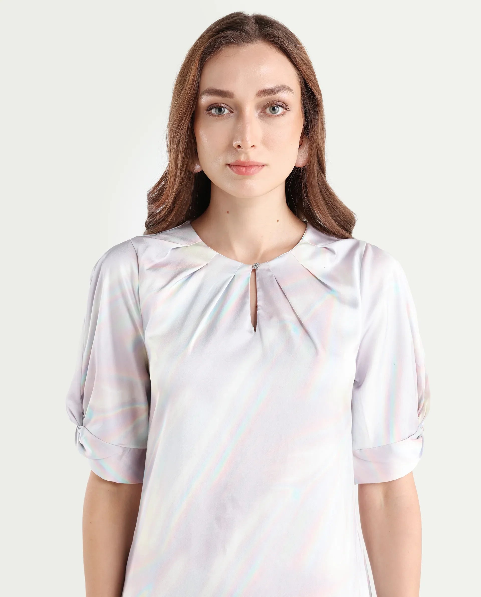 Rareism Women's Rogaz Light Multi Polyester Crew Neck Floral Print Balloon Sleeve Midi Asymmetric Dress