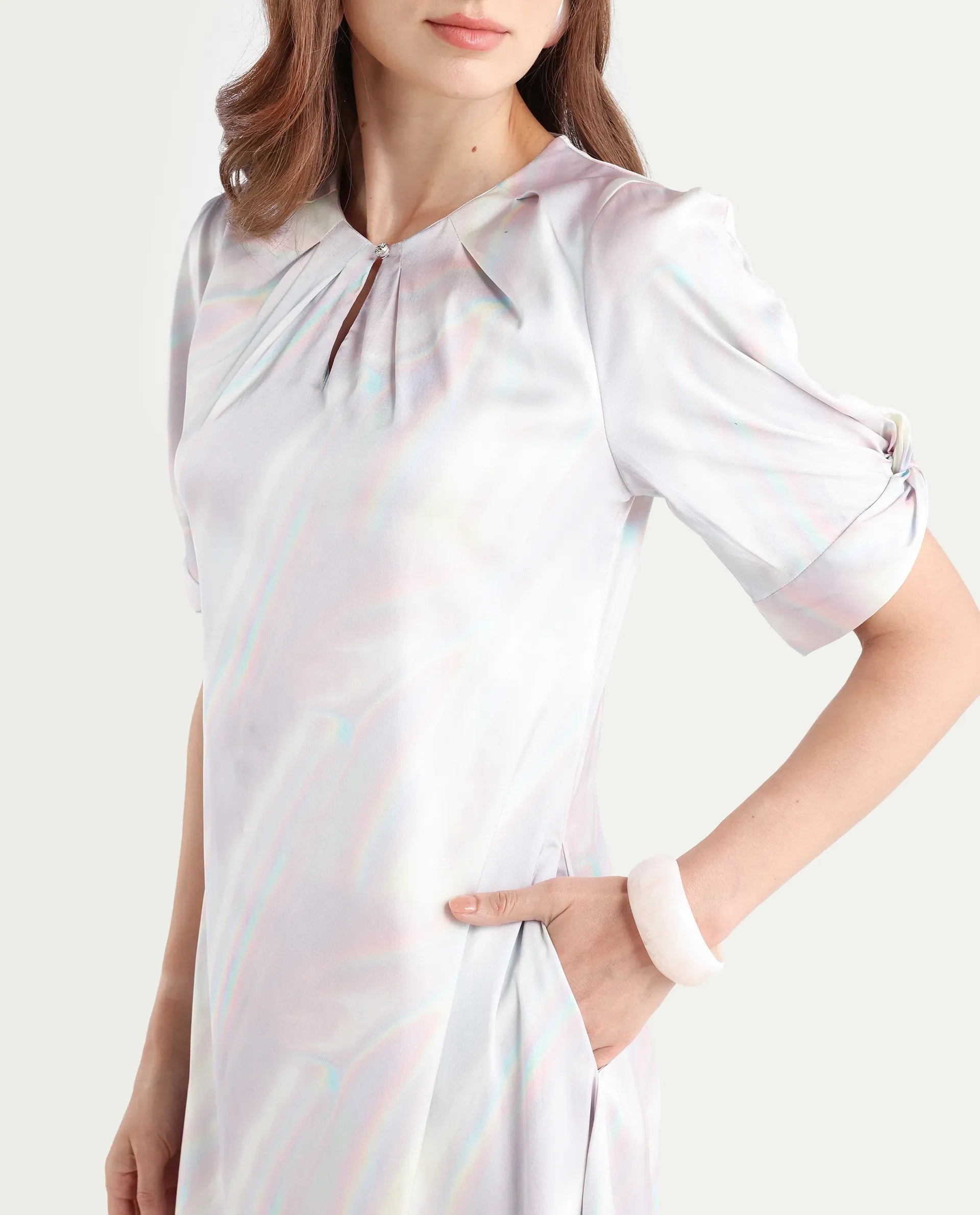 Rareism Women's Rogaz Light Multi Polyester Crew Neck Floral Print Balloon Sleeve Midi Asymmetric Dress