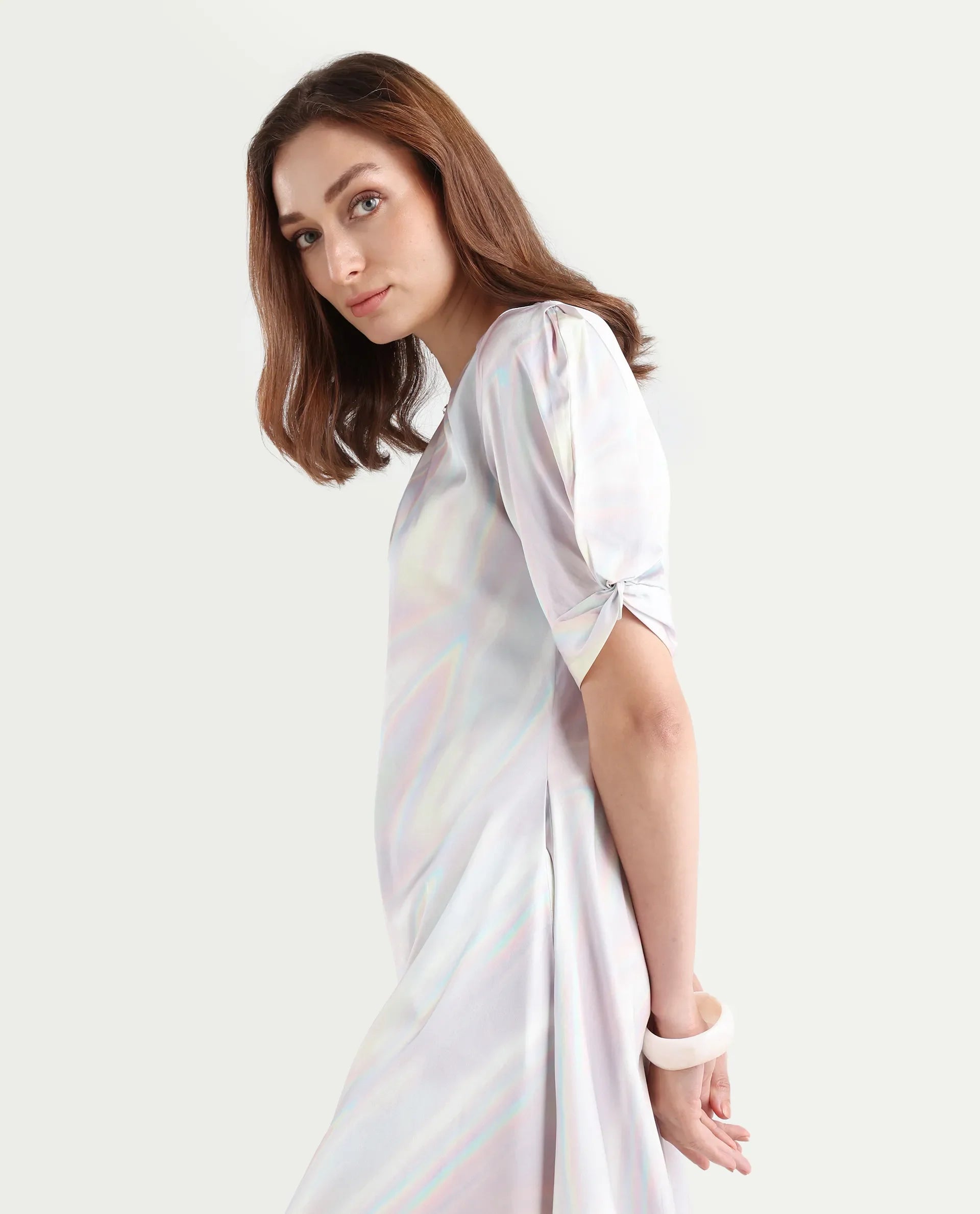 Rareism Women's Rogaz Light Multi Polyester Crew Neck Floral Print Balloon Sleeve Midi Asymmetric Dress