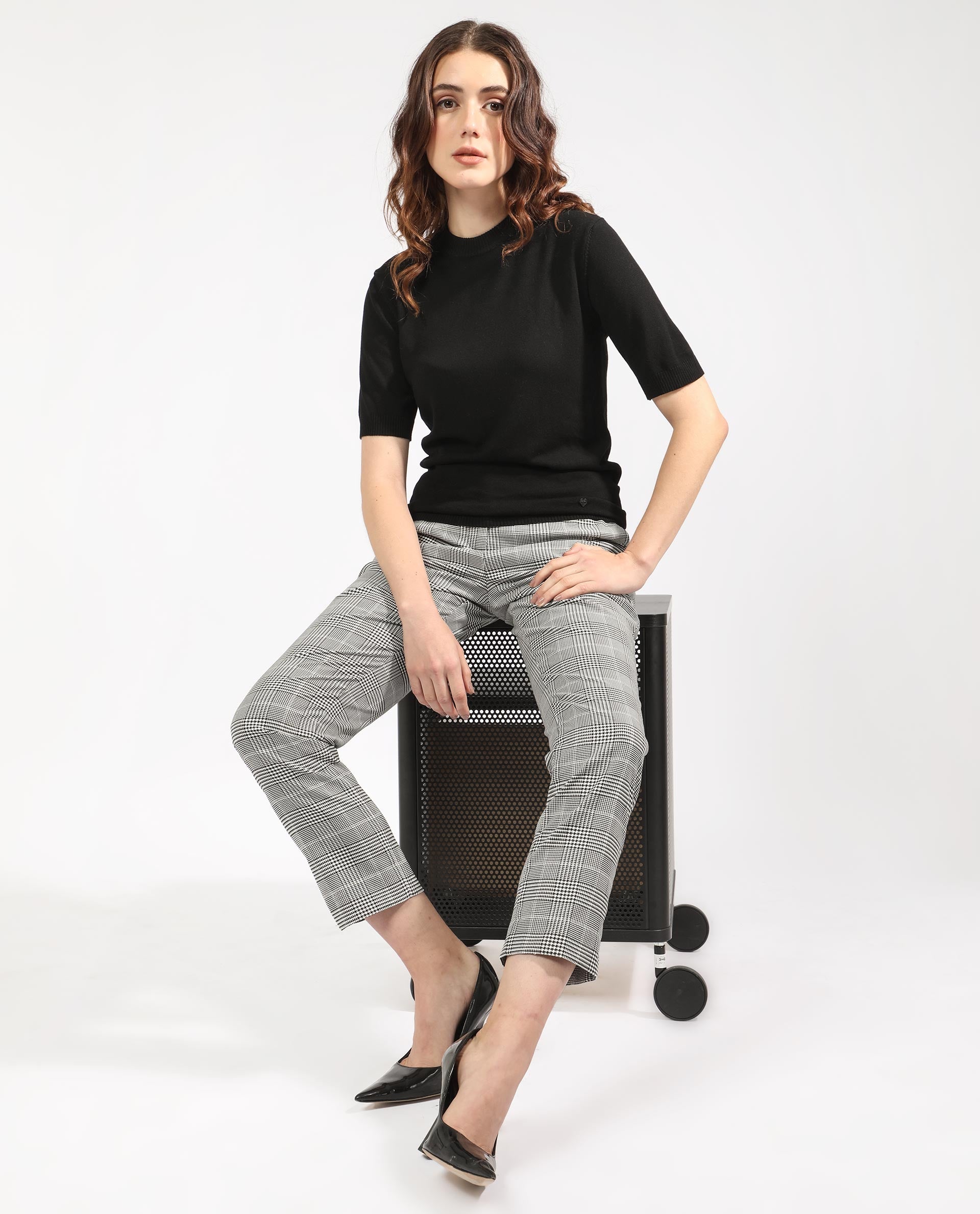 Rareism Women Rohrdo Black Viscose Fabric Half Sleeves Regular Fit Solid Round Neck Sweater