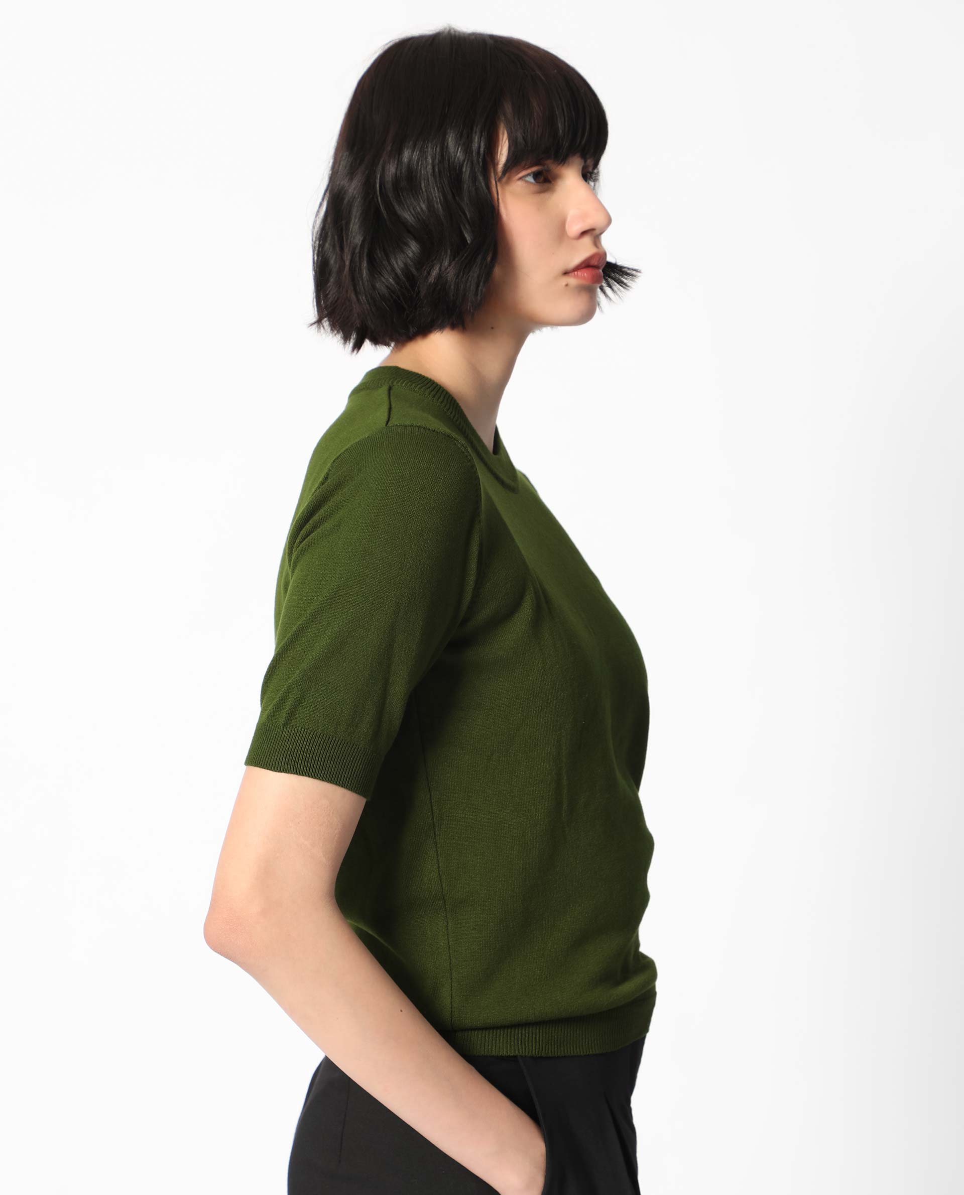 Rareism Women Rohrdo Olive Viscose Fabric Half Sleeves Regular Fit Solid Round Neck Sweater