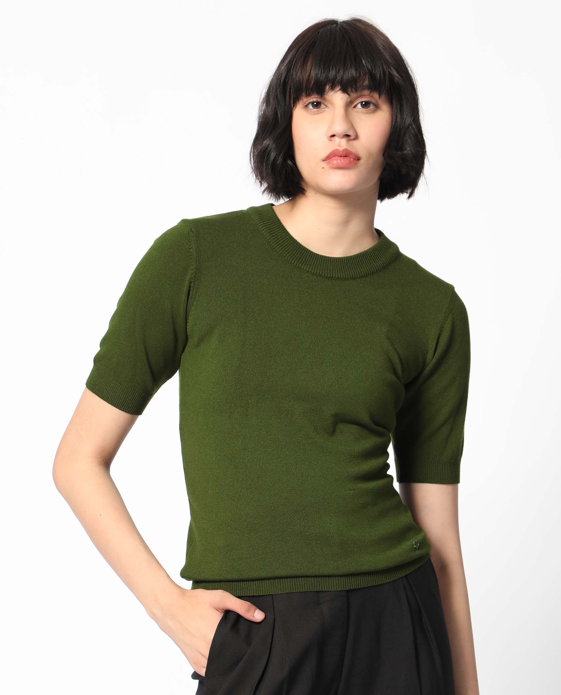 Rareism Women Rohrdo Olive Viscose Fabric Half Sleeves Regular Fit Solid Round Neck Sweater