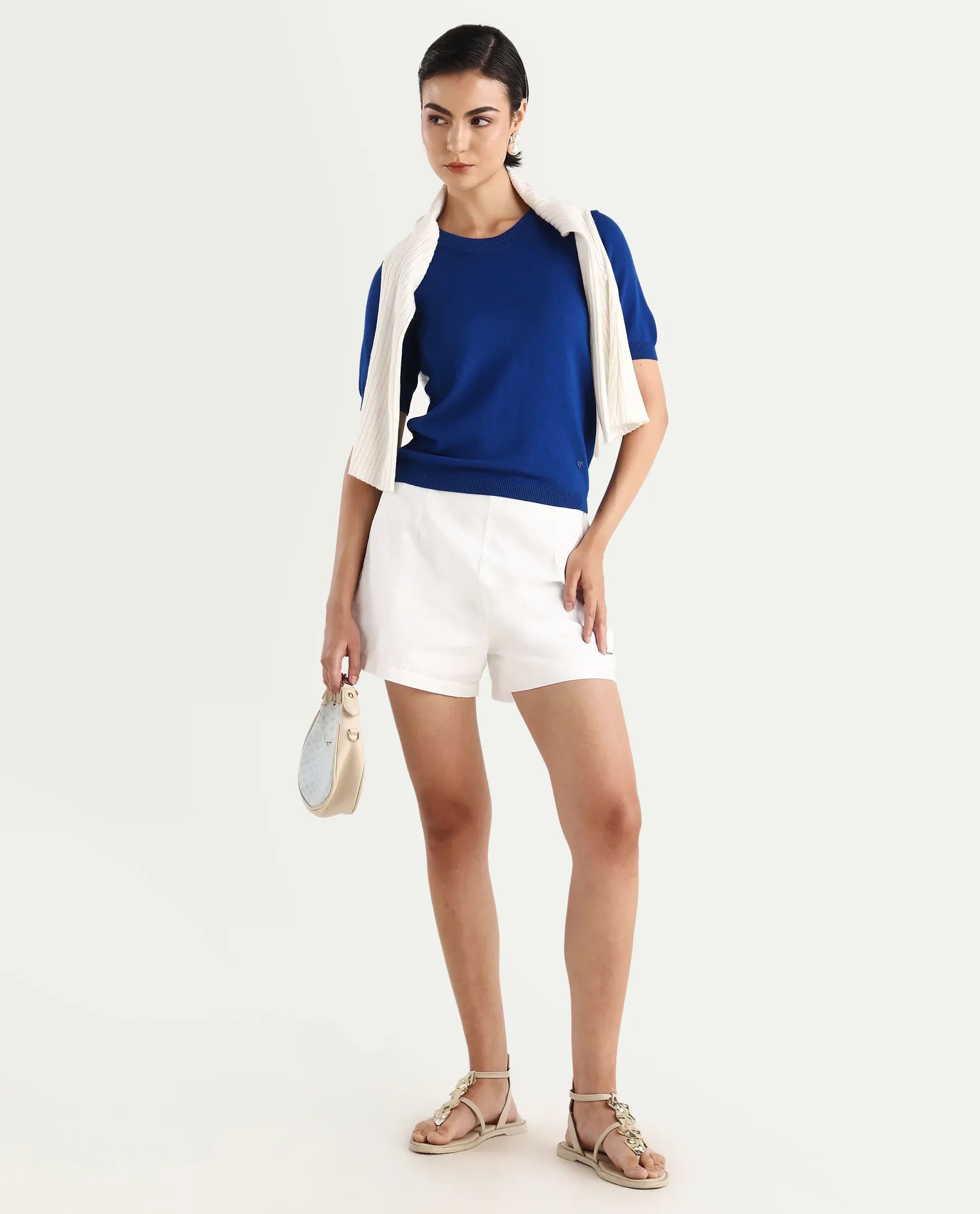 Rareism Women's Rohrdo Flouroscent Blue Viscose Crew Neck Plain Regular Fit Sweater