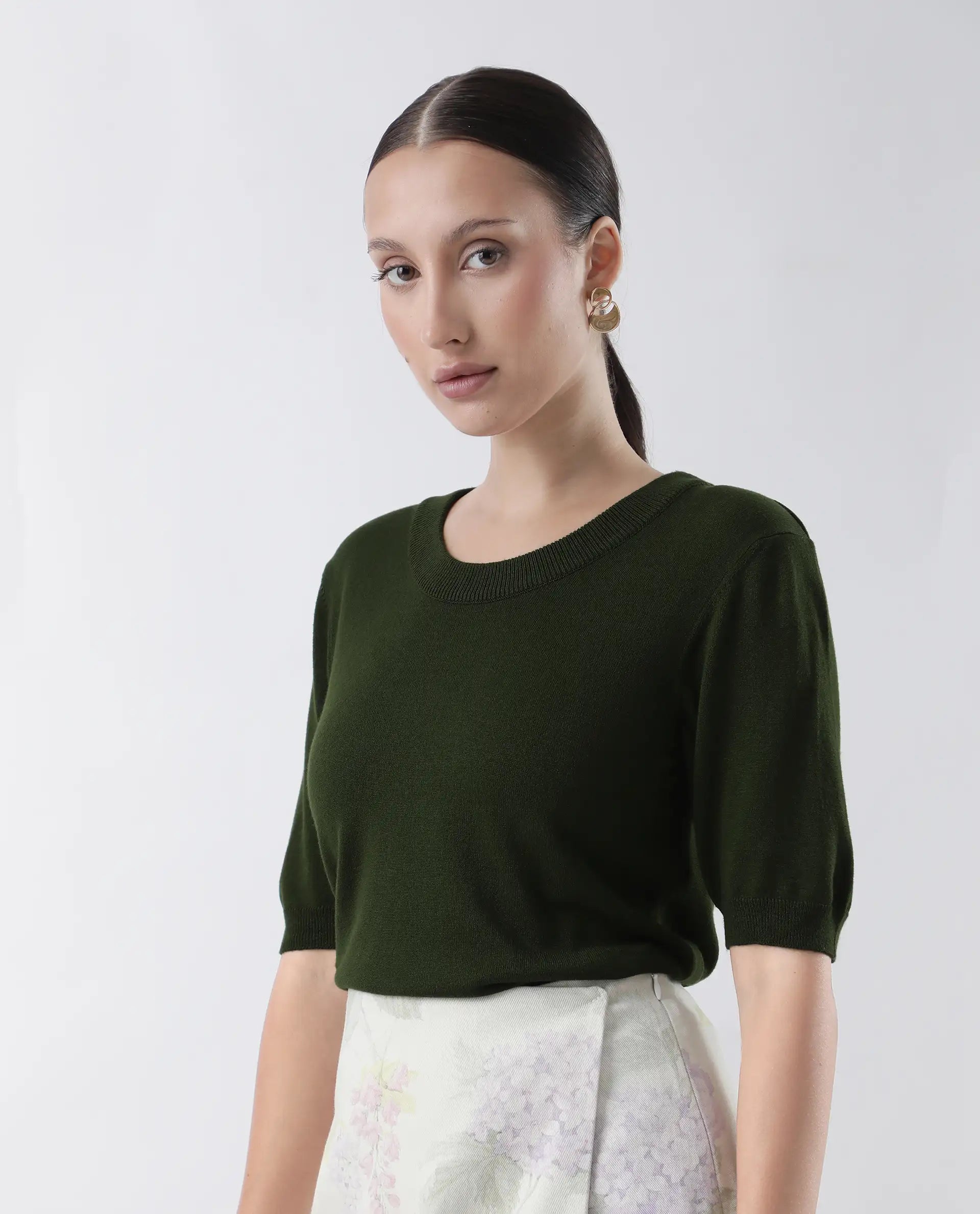 Rareism Women's Rohrdo Green Cotton Blend Crew Neck Plain Regular Fit Sweater
