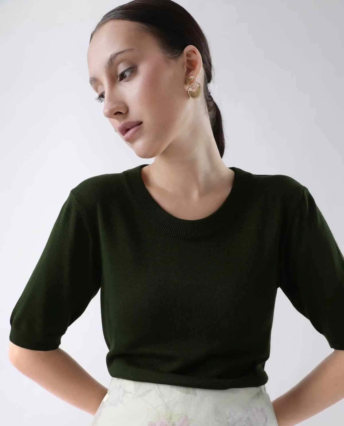 Rareism Women's Rohrdo Green Cotton Blend Crew Neck Plain Regular Fit Sweater