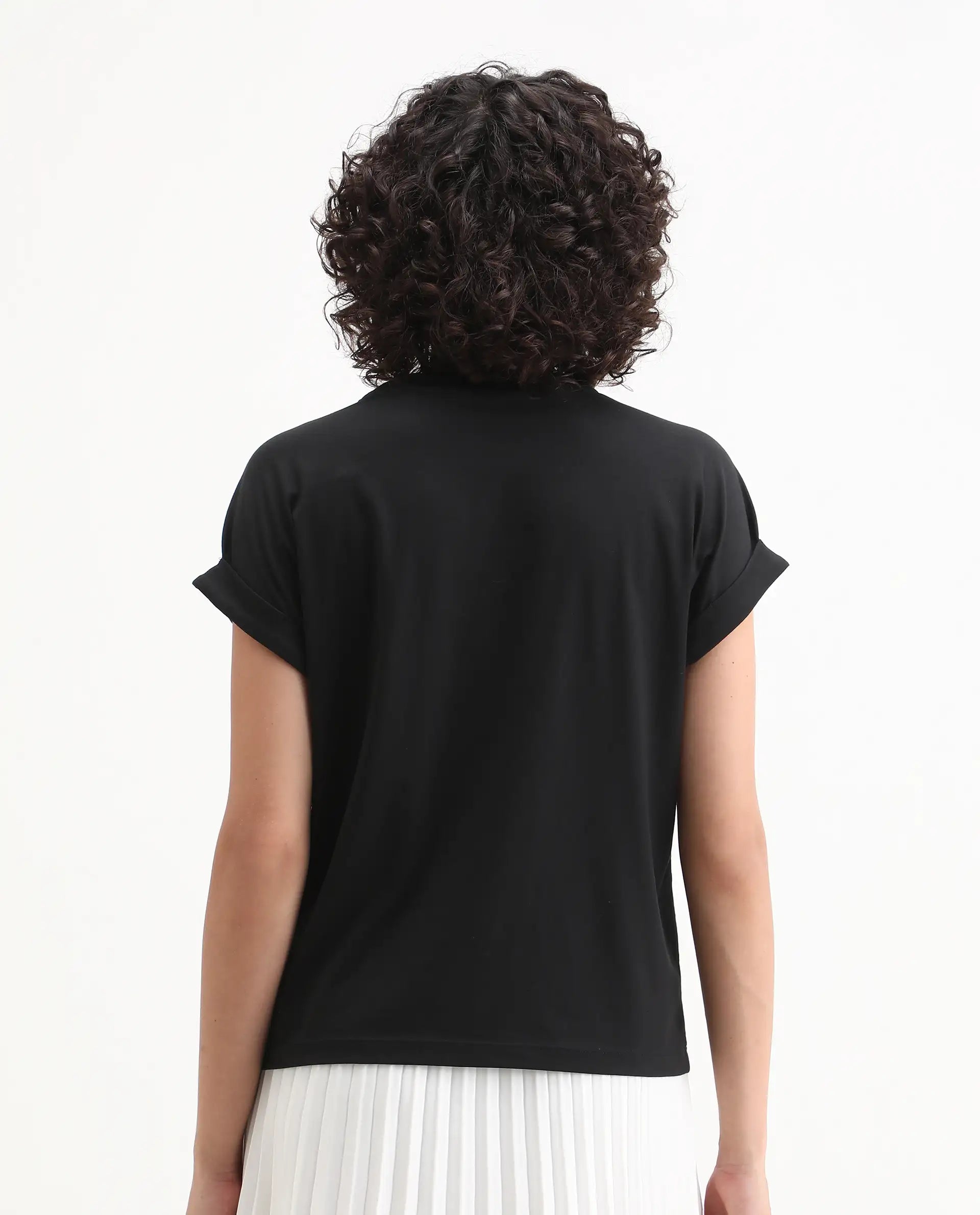 Rareism Women's Roil Black Cotton Blend Crew Neck Relaxed Fit T-Shirt