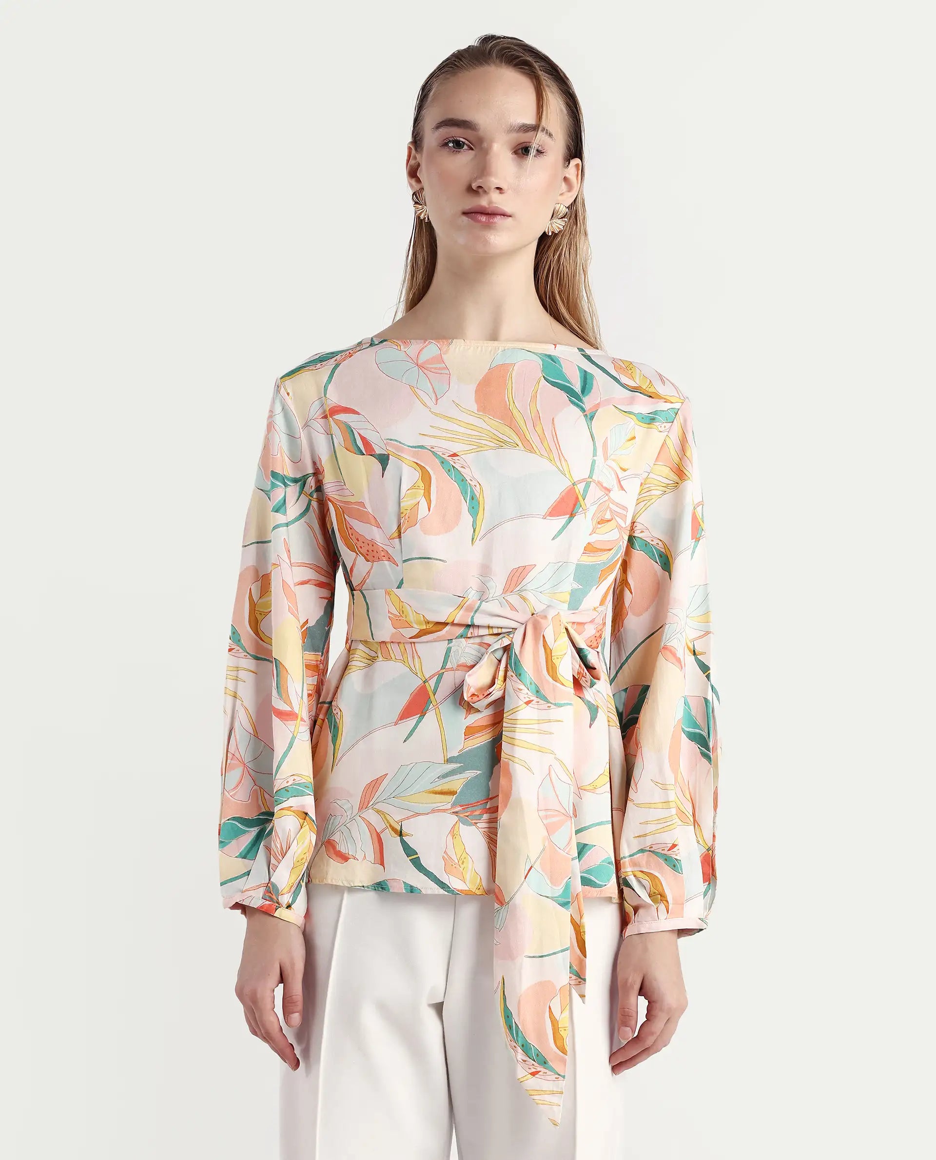 Rareism Women's Rolina Multi Cotton Boat Neck Abstract Print Regular Fit Top