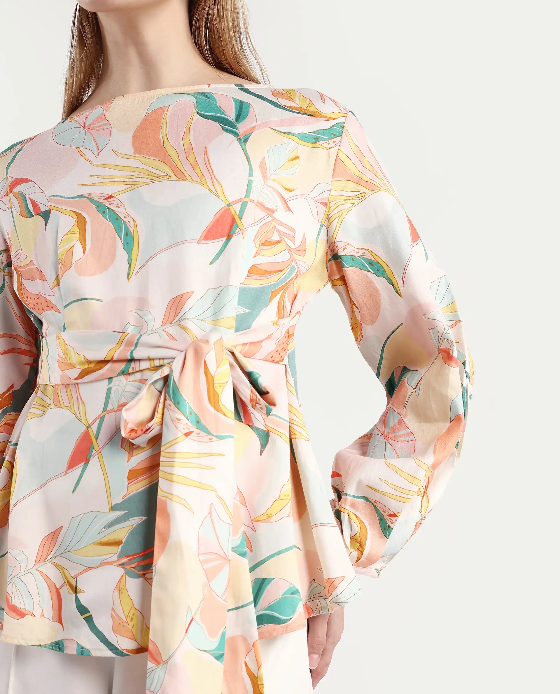 Rareism Women's Rolina Multi Cotton Boat Neck Abstract Print Regular Fit Top