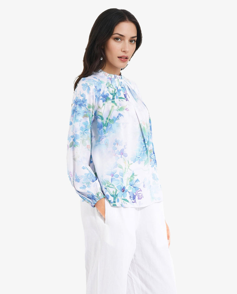 Rareism Women Rome Light Blue Raglan Sleeves Round Neck Tie Up Closure Floral Print Top