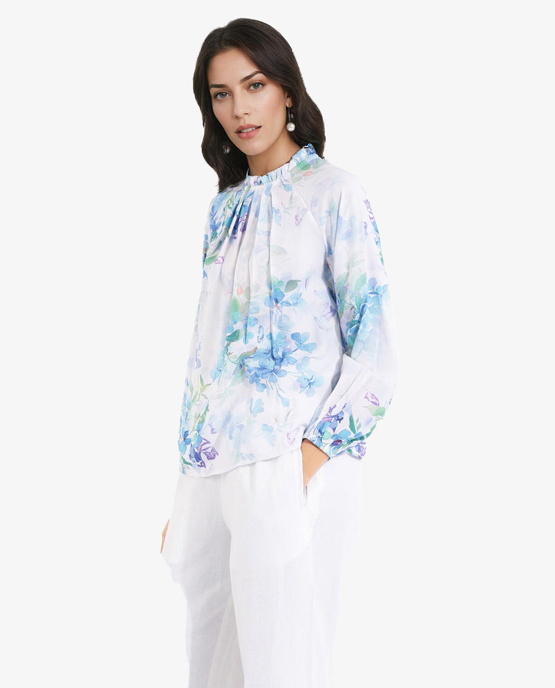 Rareism Women Rome Light Blue Raglan Sleeves Round Neck Tie Up Closure Floral Print Top