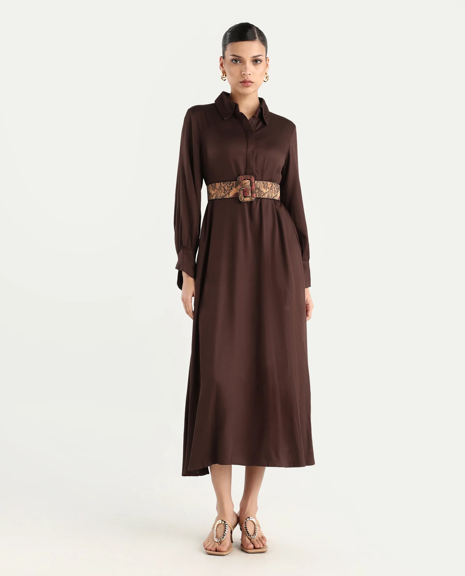 Rareism Women's Ronae Brown Viscose Spread Collar Plain Cuffed Sleeve Maxi Flared Dress