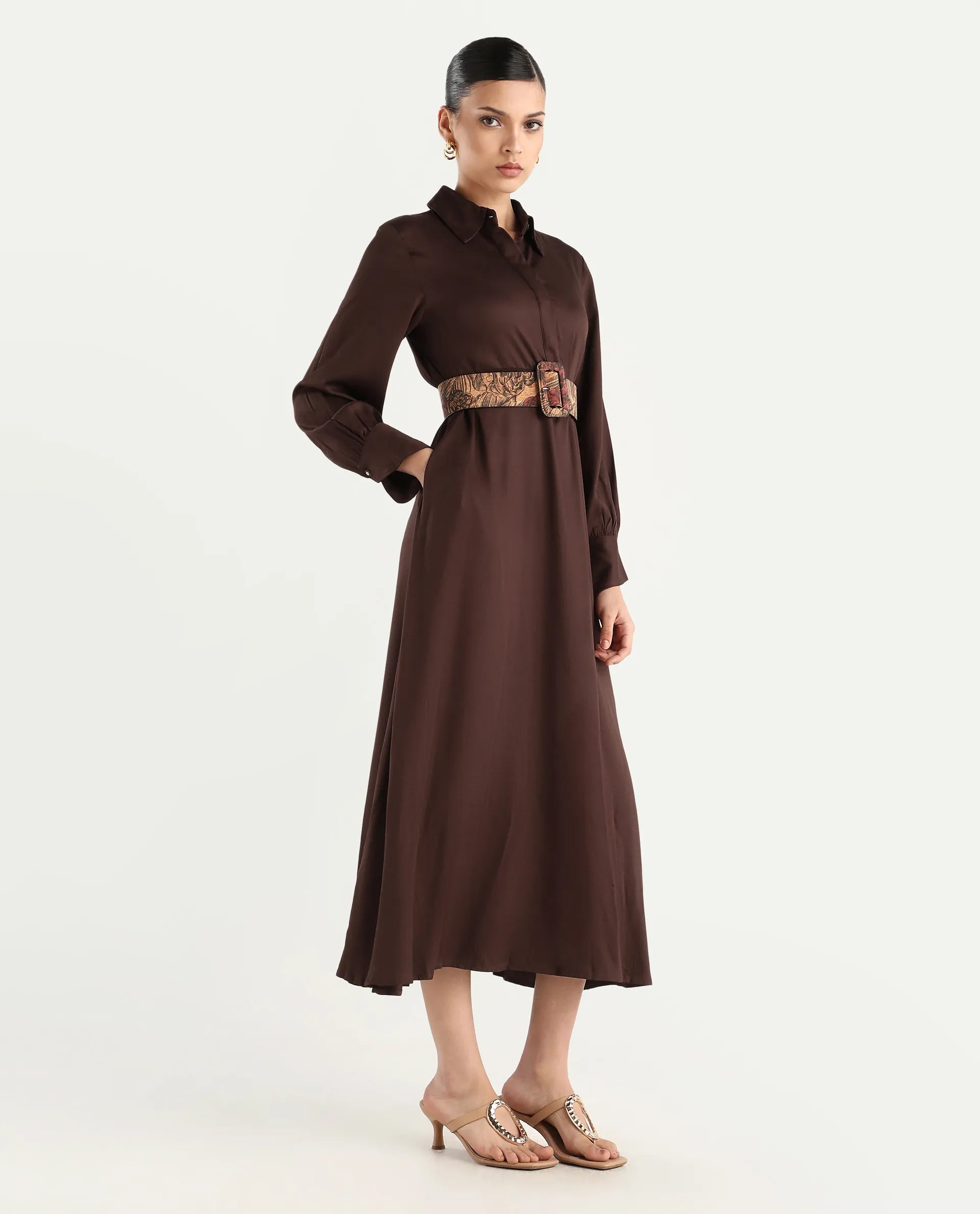 Rareism Women's Ronae Brown Viscose Spread Collar Plain Cuffed Sleeve Maxi Flared Dress