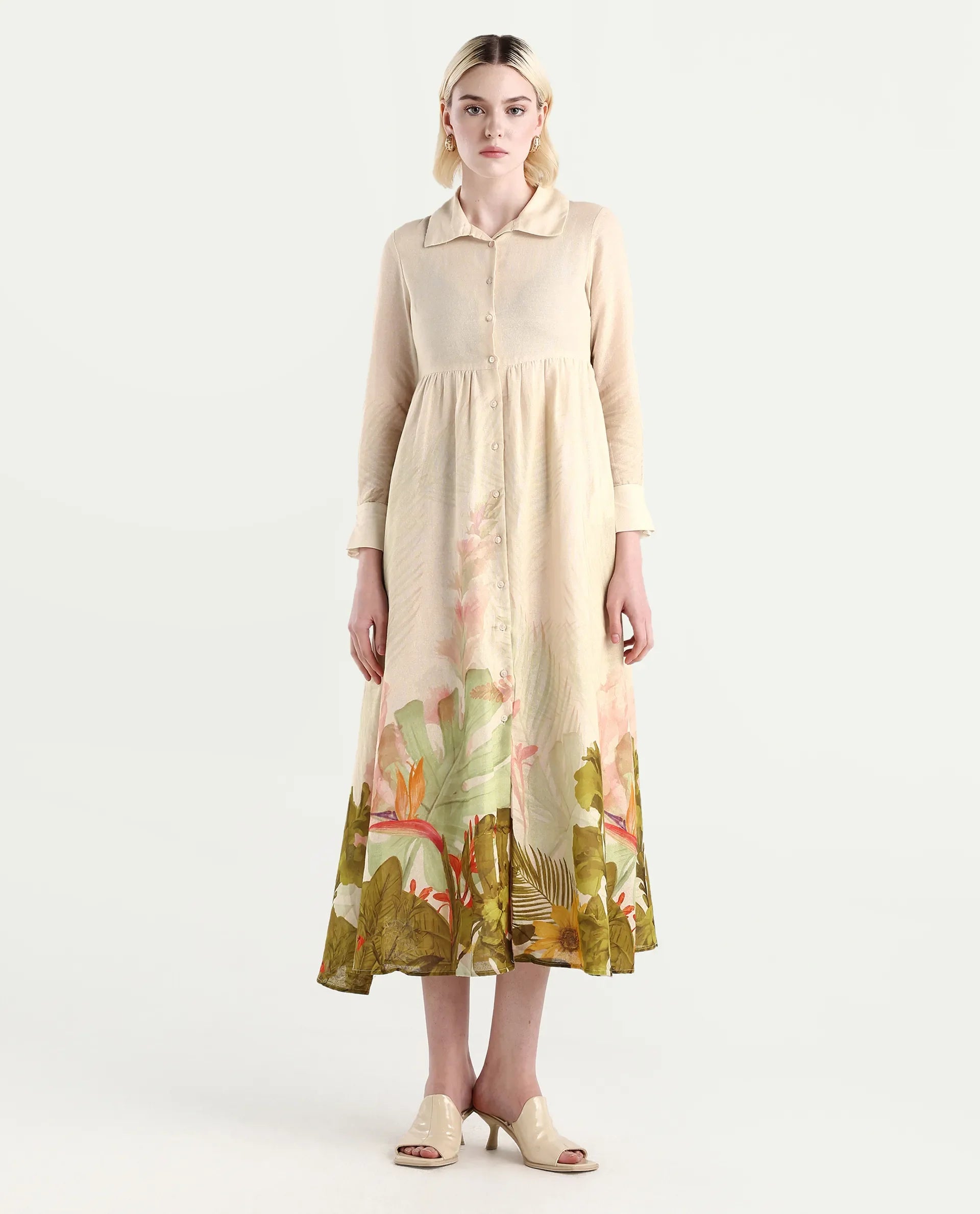 Rareism Women's Ronai Off White Cotton Spread Collar Tropical Print Cuffed Sleeve Maxi Flared Dress