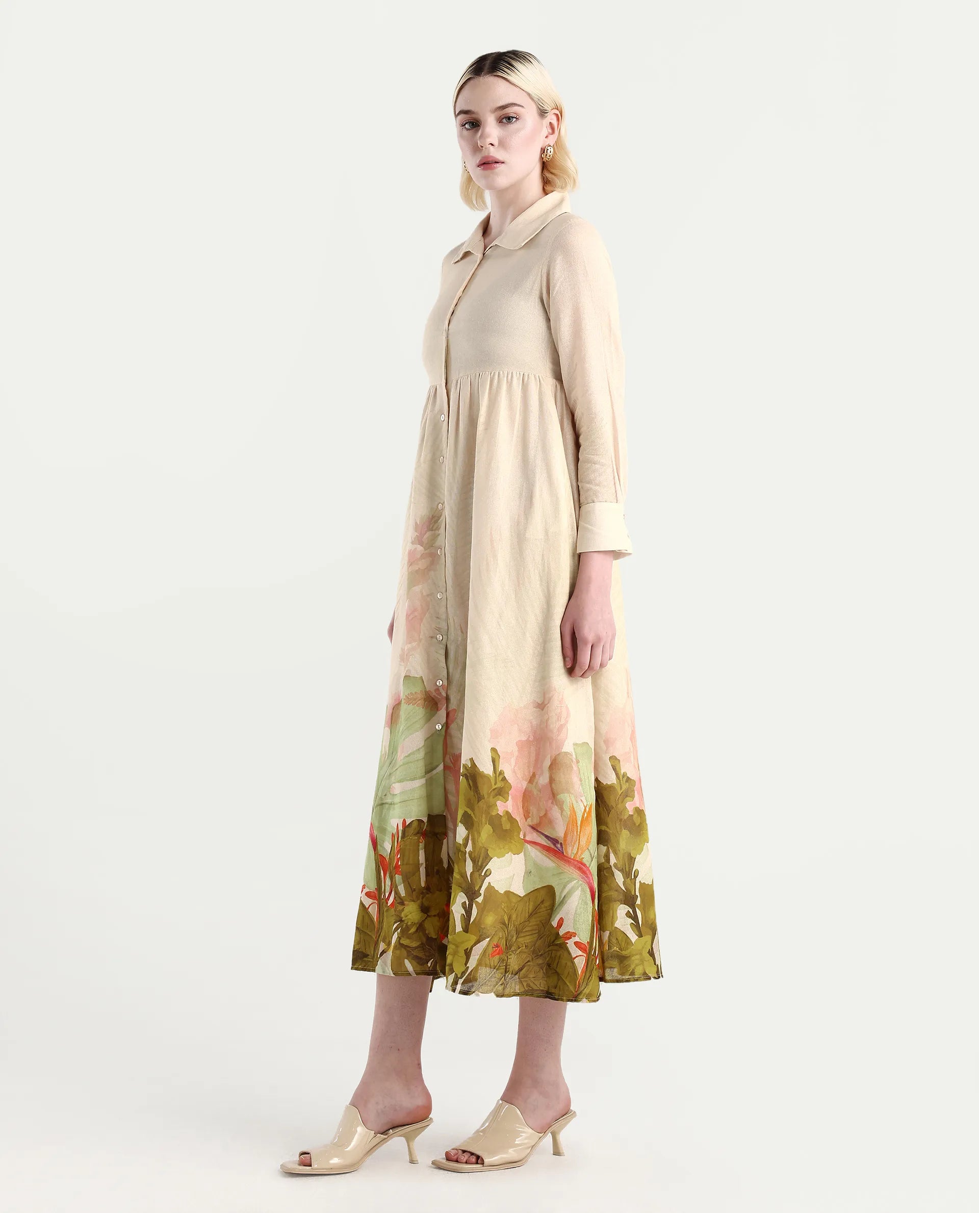 Rareism Women's Ronai Off White Cotton Spread Collar Tropical Print Cuffed Sleeve Maxi Flared Dress