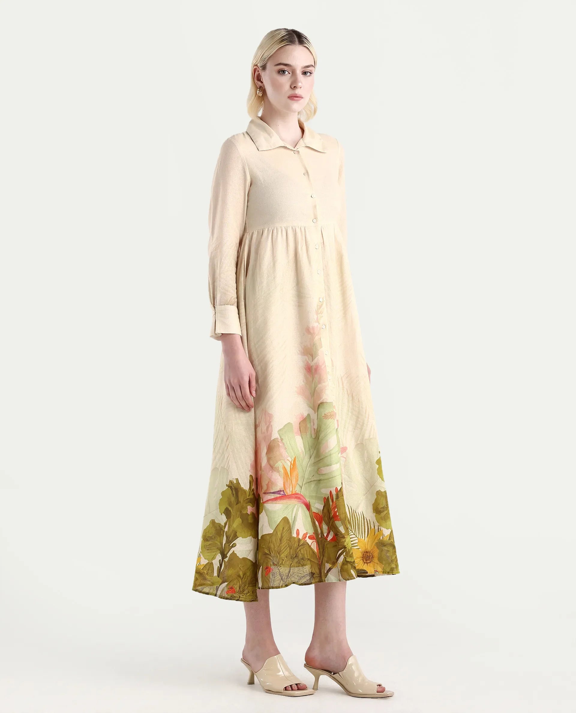 Rareism Women's Ronai Off White Cotton Spread Collar Tropical Print Cuffed Sleeve Maxi Flared Dress