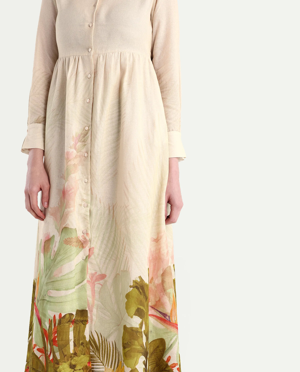 Rareism Women's Ronai Off White Cotton Spread Collar Tropical Print Cuffed Sleeve Maxi Flared Dress