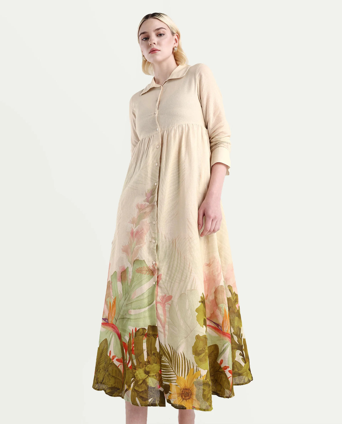 Rareism Women's Ronai Off White Cotton Spread Collar Tropical Print Cuffed Sleeve Maxi Flared Dress