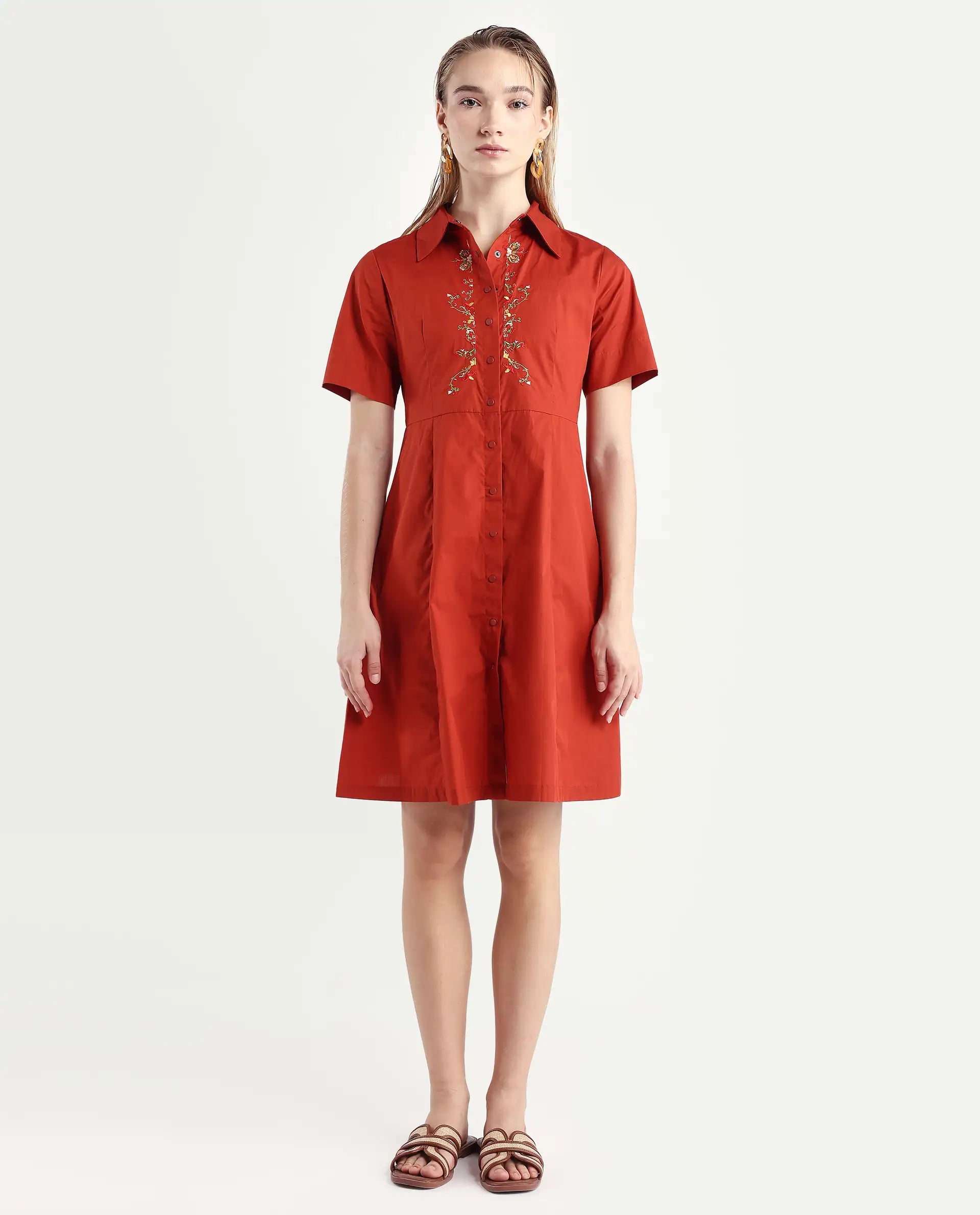Rareism Women's Ronaj Rust Cotton Spread Collar Plain Knee Length Fit And Flare Dress
