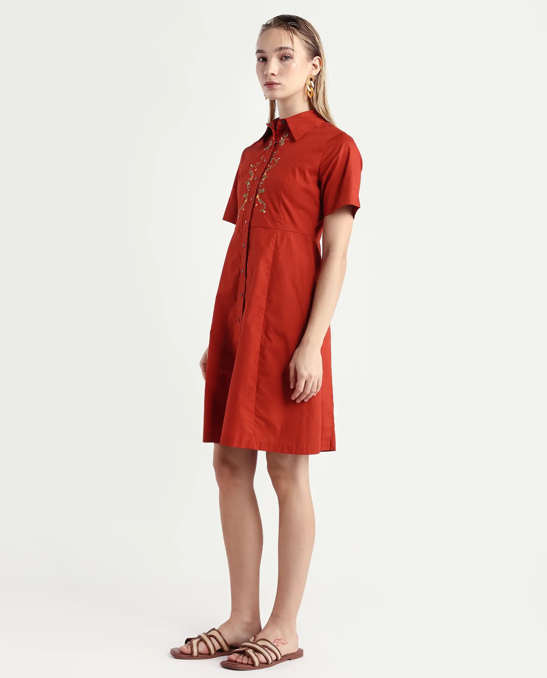 Rareism Women's Ronaj Rust Polyester Blend Spread Collar Plain Knee Length Fit And Flare Dress