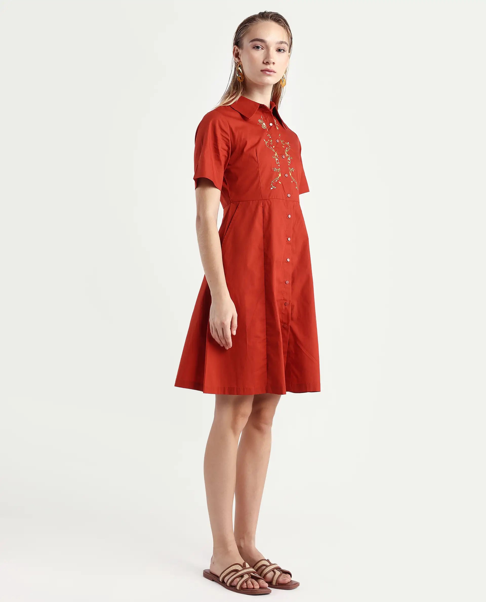 Rareism Women's Ronaj Rust Cotton Spread Collar Plain Knee Length Fit And Flare Dress
