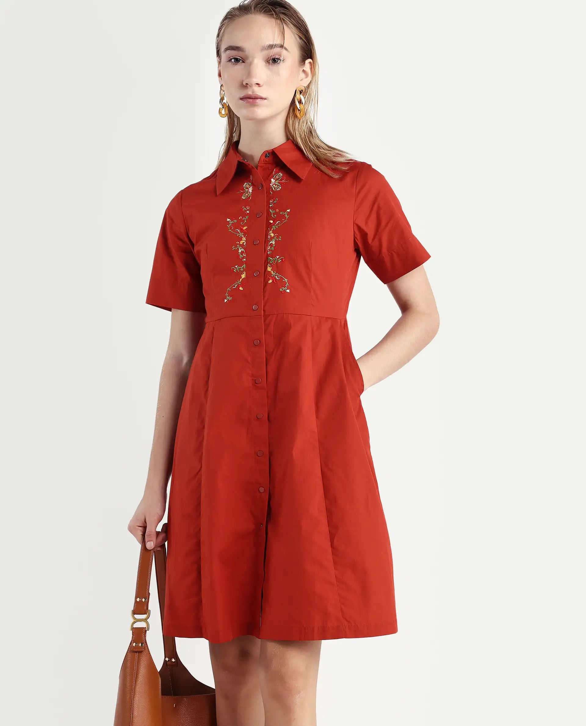 Rareism Women's Ronaj Rust Cotton Spread Collar Plain Knee Length Fit And Flare Dress