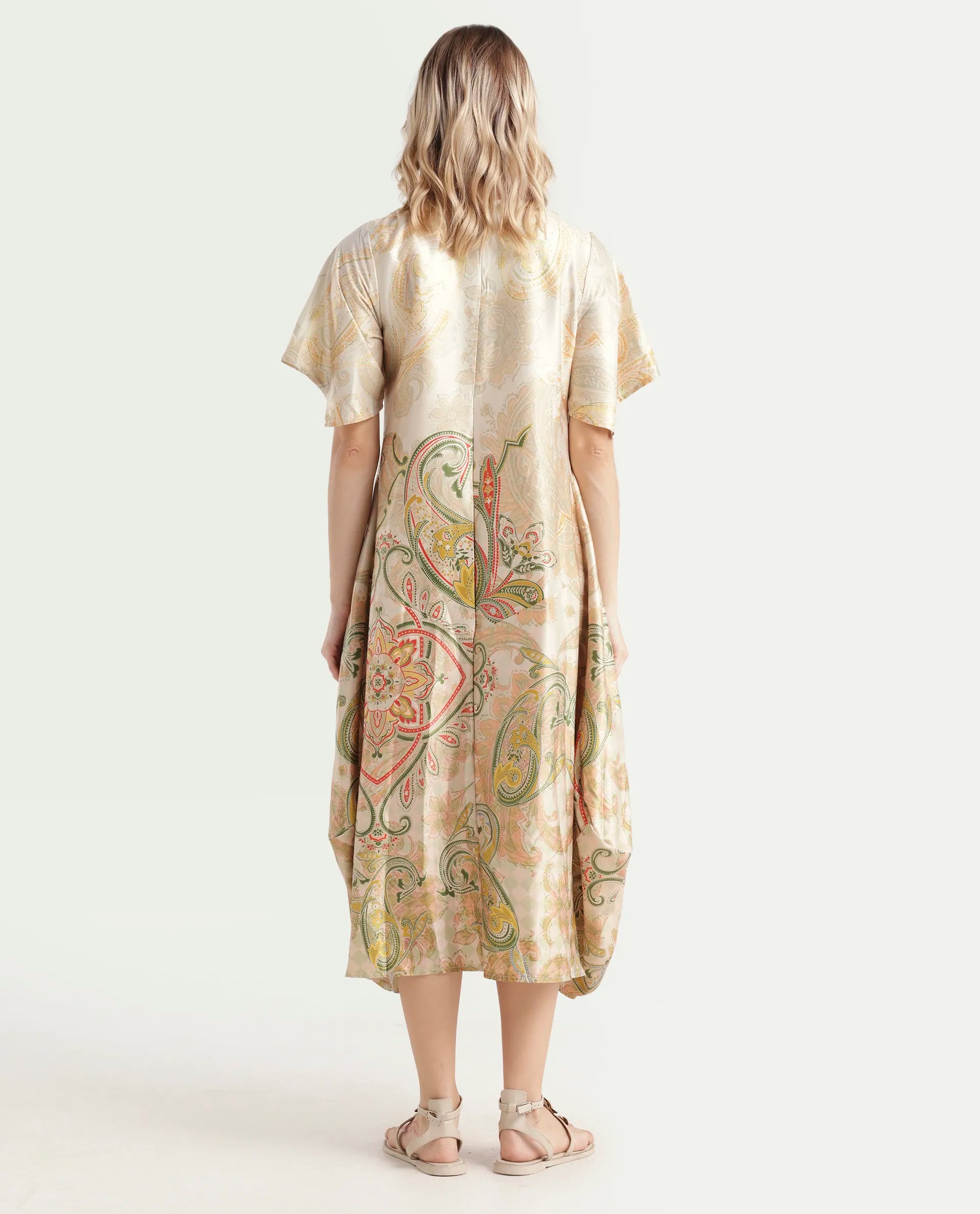 Rareism Women's Ronak Beige Polyester Blend Key Hole Neck Paisley Print Asymmetric Sleeve Midi Relaxed Fit Dress