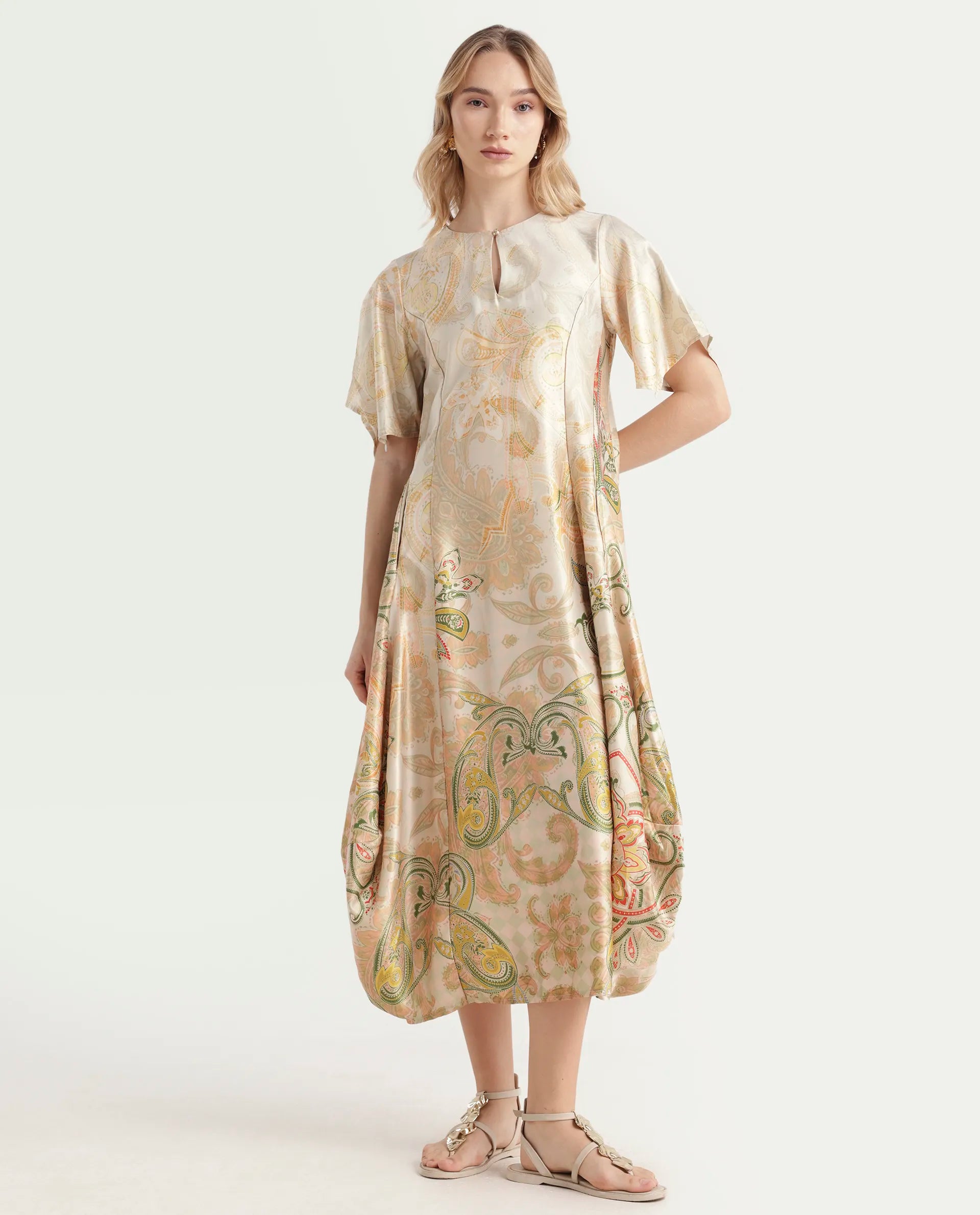 Rareism Women's Ronak Beige Polyester Blend Key Hole Neck Paisley Print Asymmetric Sleeve Midi Relaxed Fit Dress