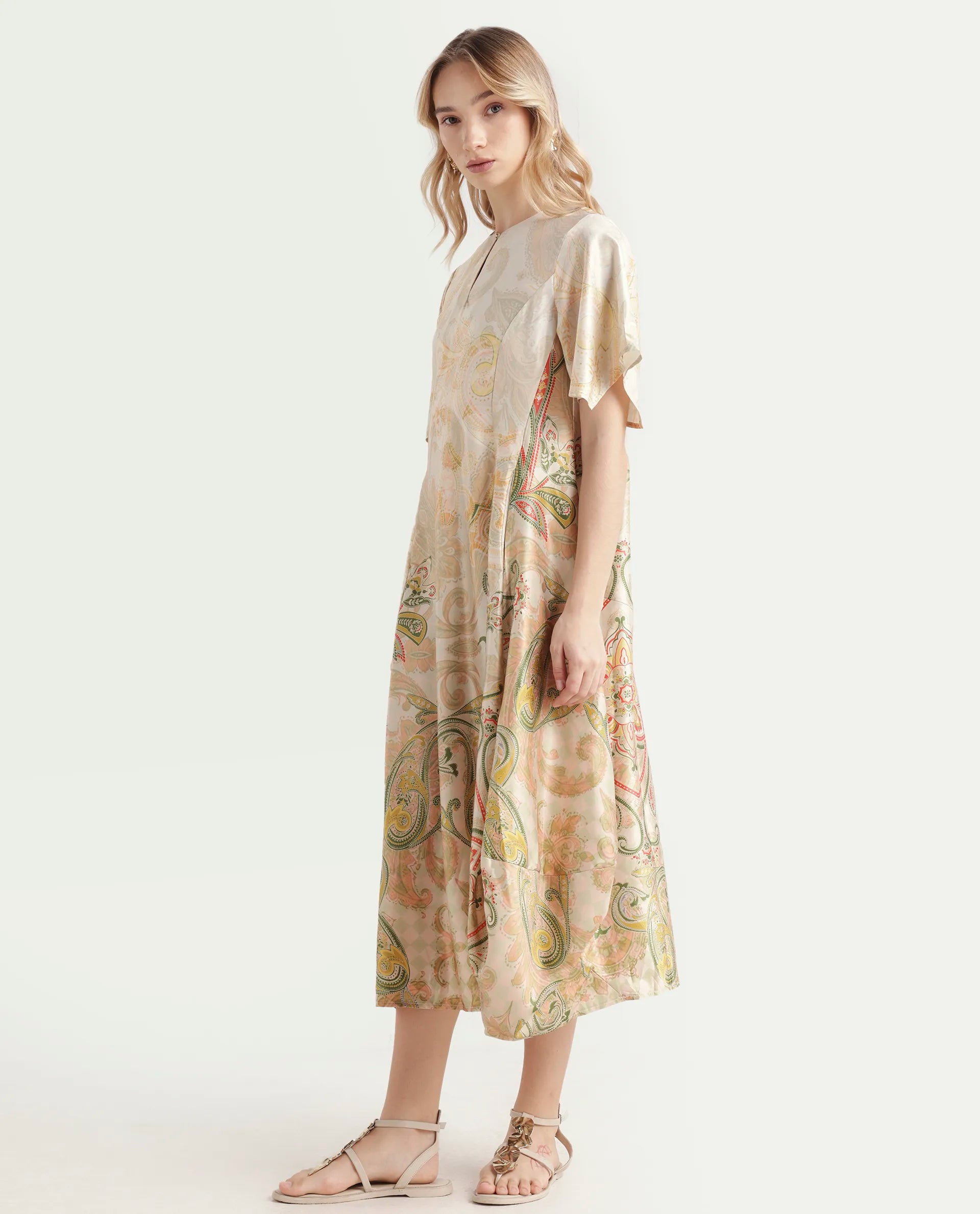 Rareism Women's Ronak Beige Polyester Blend Key Hole Neck Paisley Print Asymmetric Sleeve Midi Relaxed Fit Dress